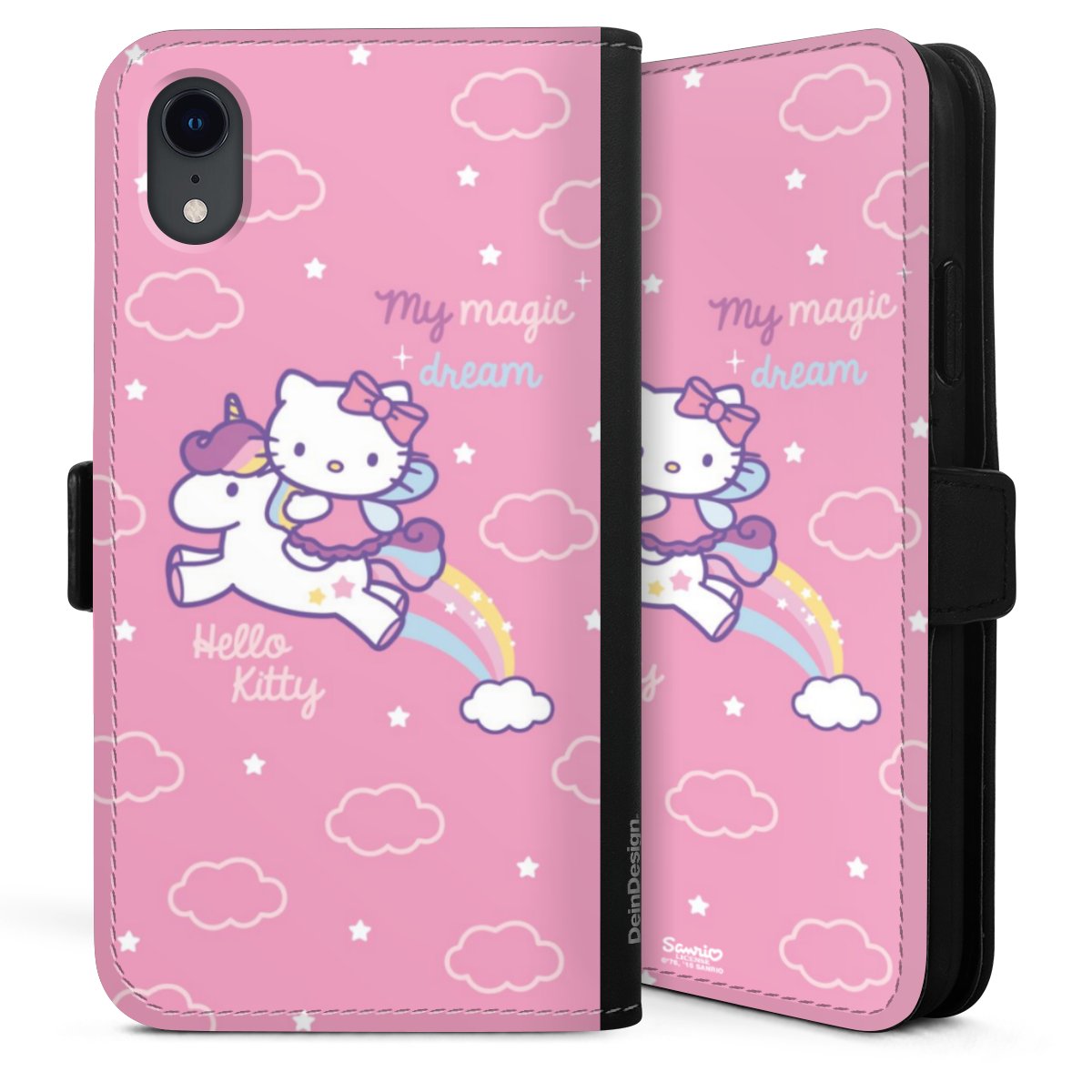 iPhone Xr Handy Klapphülle Handyhülle aus Kunst Leder schwarz Flip Case Einhorn Official Licensed Product Hello Kitty Sideflip mit Lasche