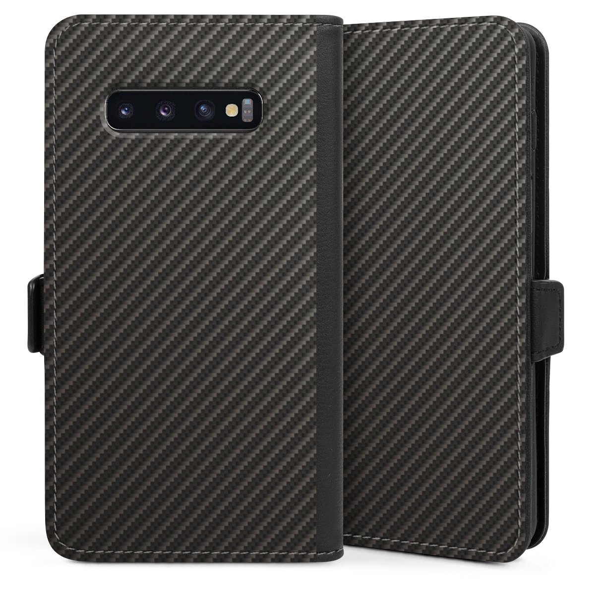 Galaxy S10 Plus Handy Klapphülle Handyhülle aus Kunst Leder schwarz Flip Case Metallic Look Carbon Muster Sideflip mit Lasche