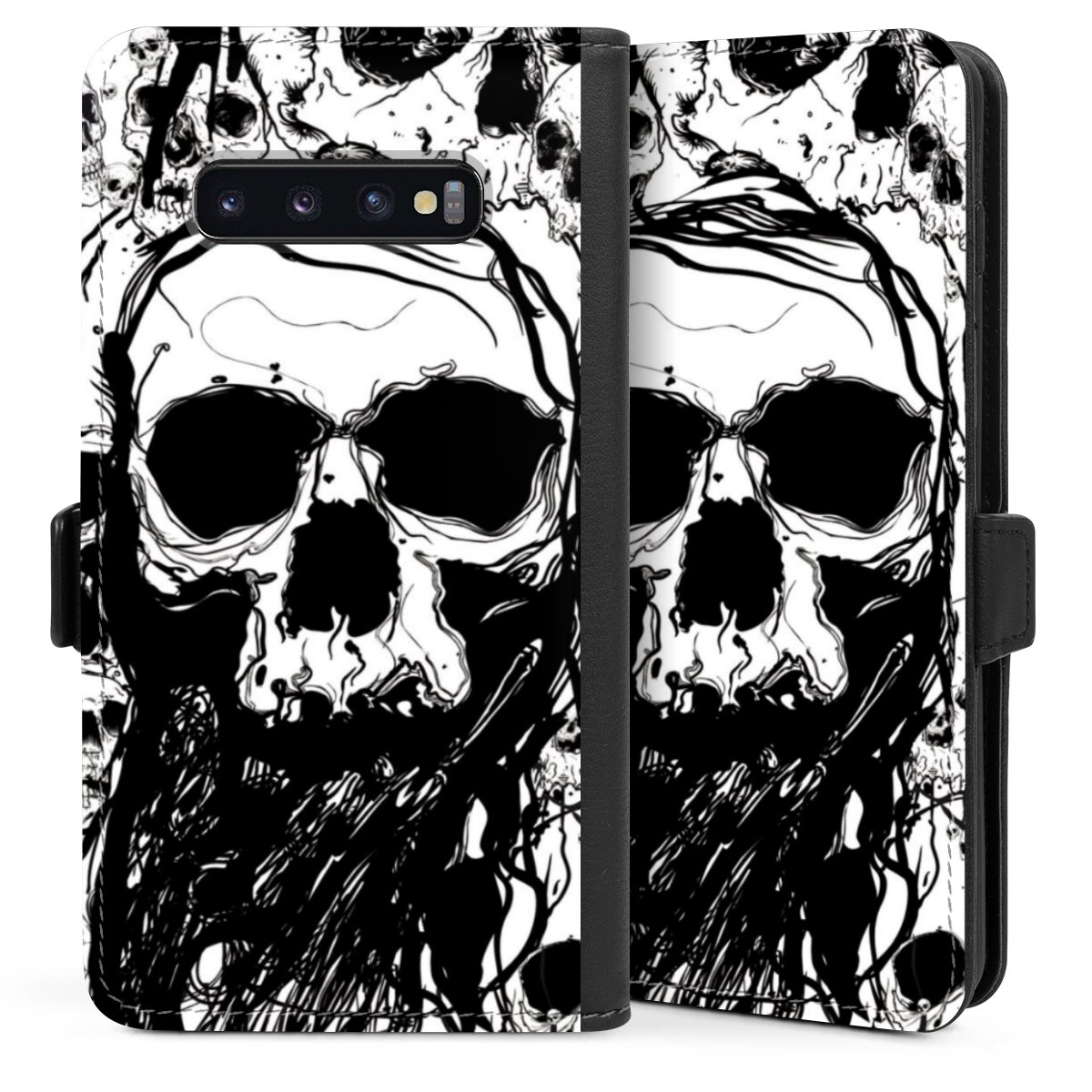 Galaxy S10 Plus Handy Klapphülle Handyhülle aus Kunst Leder schwarz Flip Case Totenkopf Halloween Sideflip mit Lasche