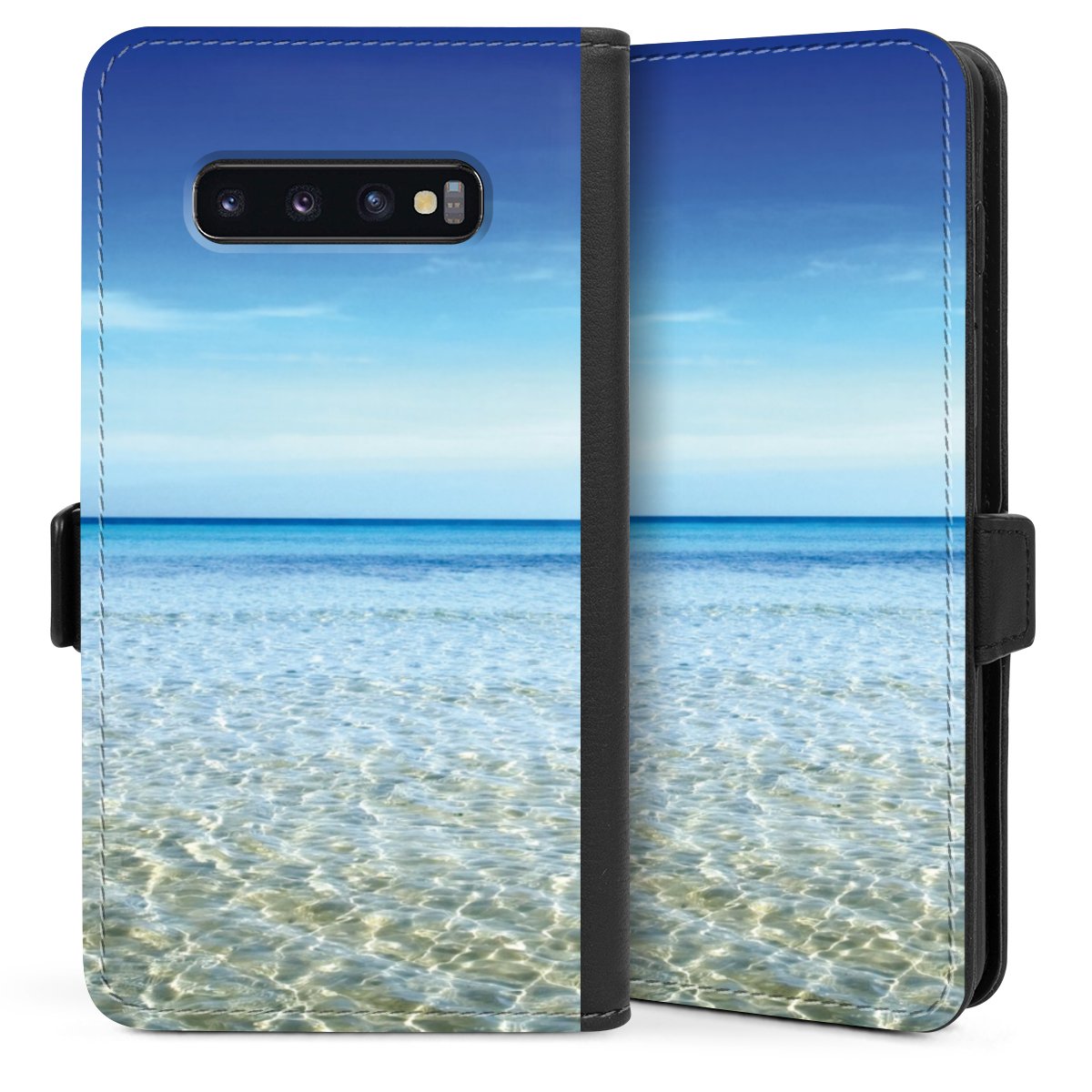 Galaxy S10 Plus Handy Klapphülle Handyhülle aus Kunst Leder schwarz Flip Case Urlaub Sky Ocean Sideflip mit Lasche