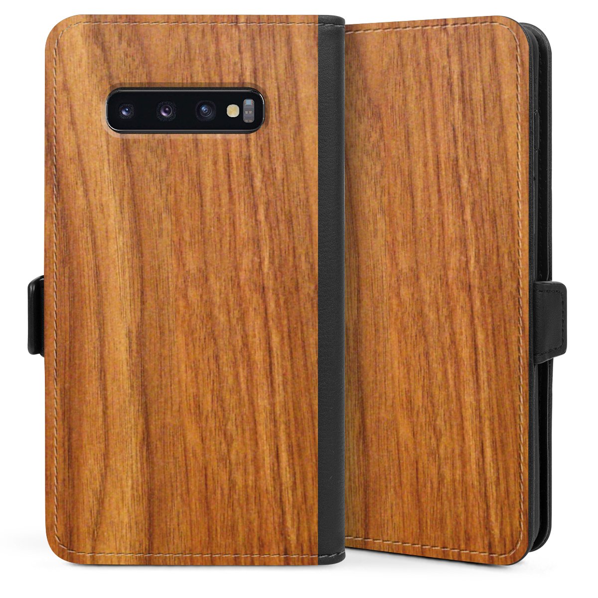 Galaxy S10 Plus Handy Klapphülle Handyhülle aus Kunst Leder schwarz Flip Case Wood Larch Wooden Look Sideflip mit Lasche