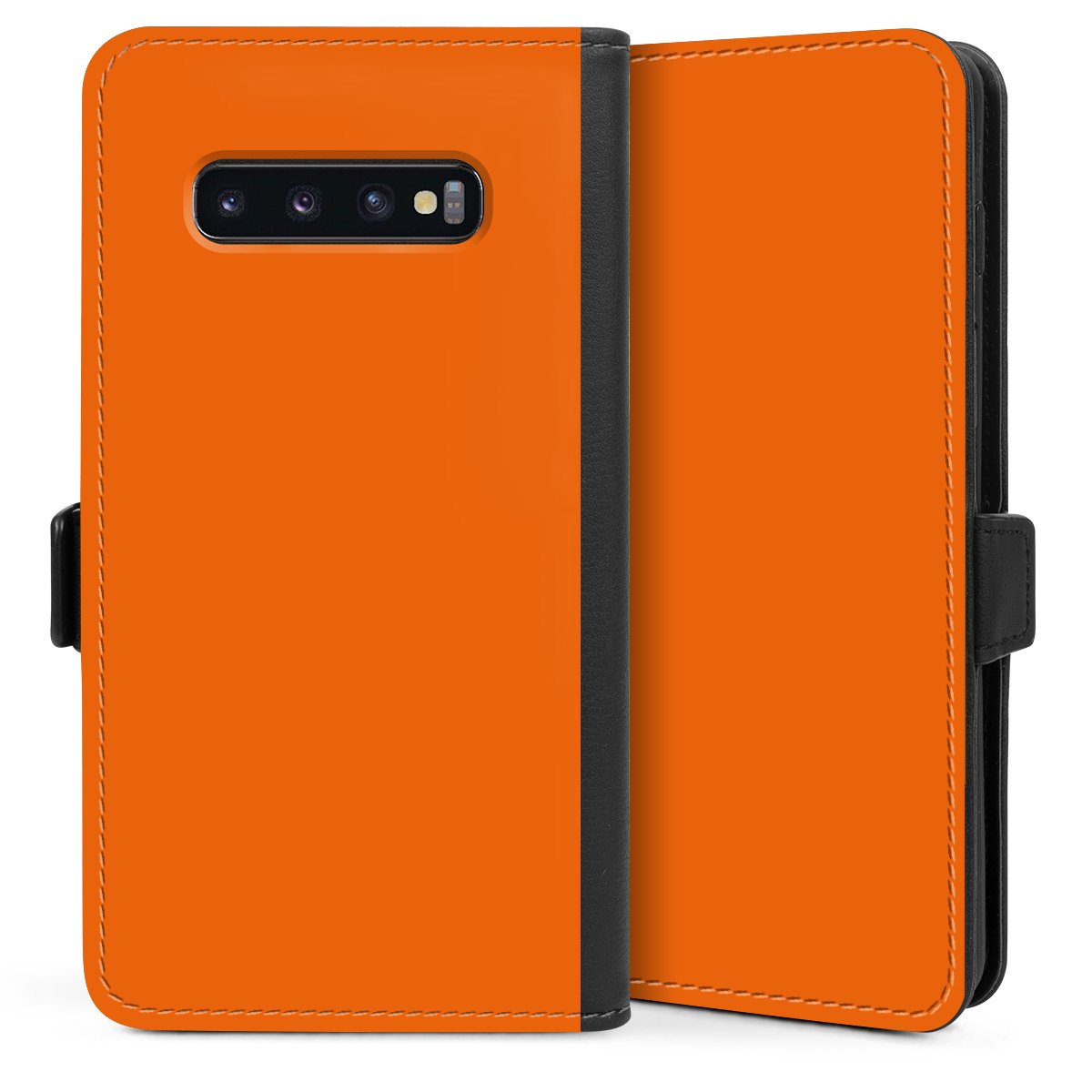 Galaxy S10 Plus Handy Klapphülle Handyhülle aus Kunst Leder schwarz Flip Case Orange Colour Unicoloured Sideflip mit Lasche