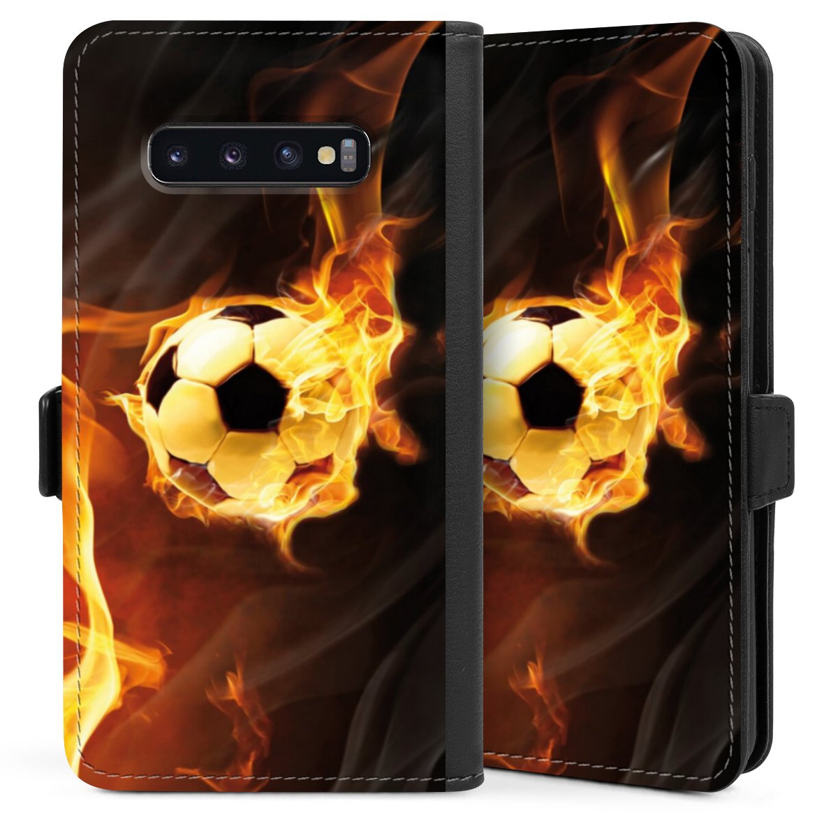 Galaxy S10 Plus Handy Klapphülle Handyhülle aus Kunst Leder schwarz Flip Case Ball Fire Soccer Sideflip mit Lasche