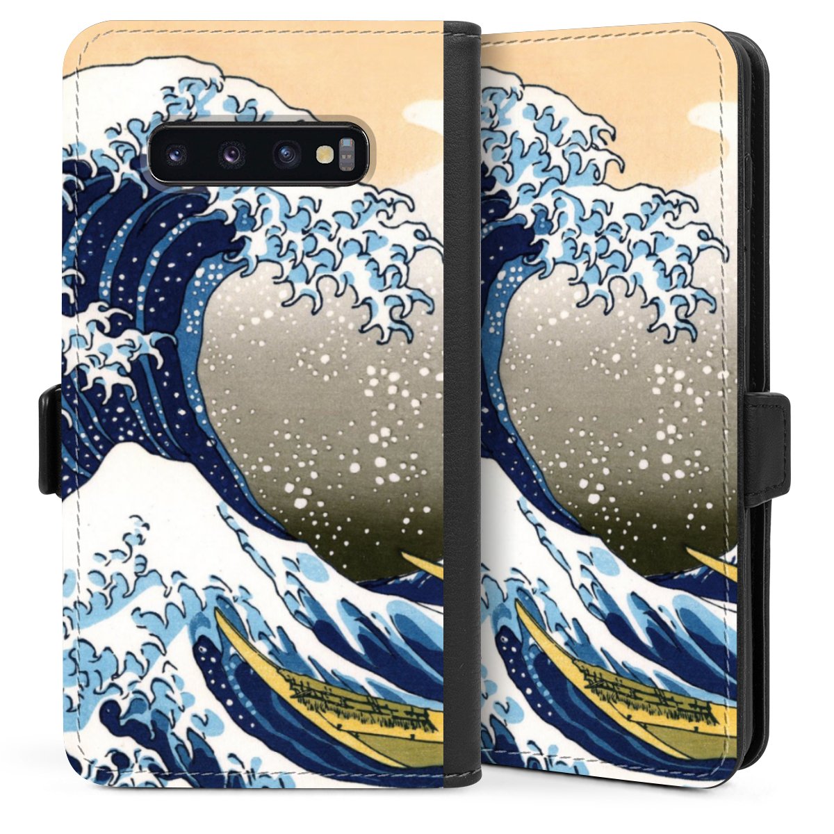 Galaxy S10 Plus Handy Klapphülle Handyhülle aus Kunst Leder schwarz Flip Case Kunst Katsushika Hokusai Die Große Welle Vor Kanagawa Sideflip mit Lasche