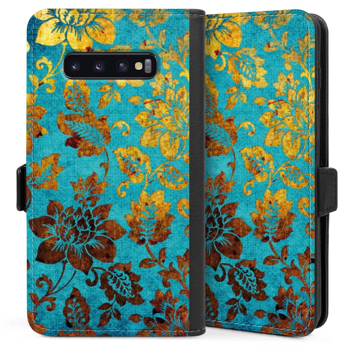 Galaxy S10 Plus Handy Klapphülle Handyhülle aus Kunst Leder schwarz Flip Case Ornament Vintage Flowers Sideflip mit Lasche