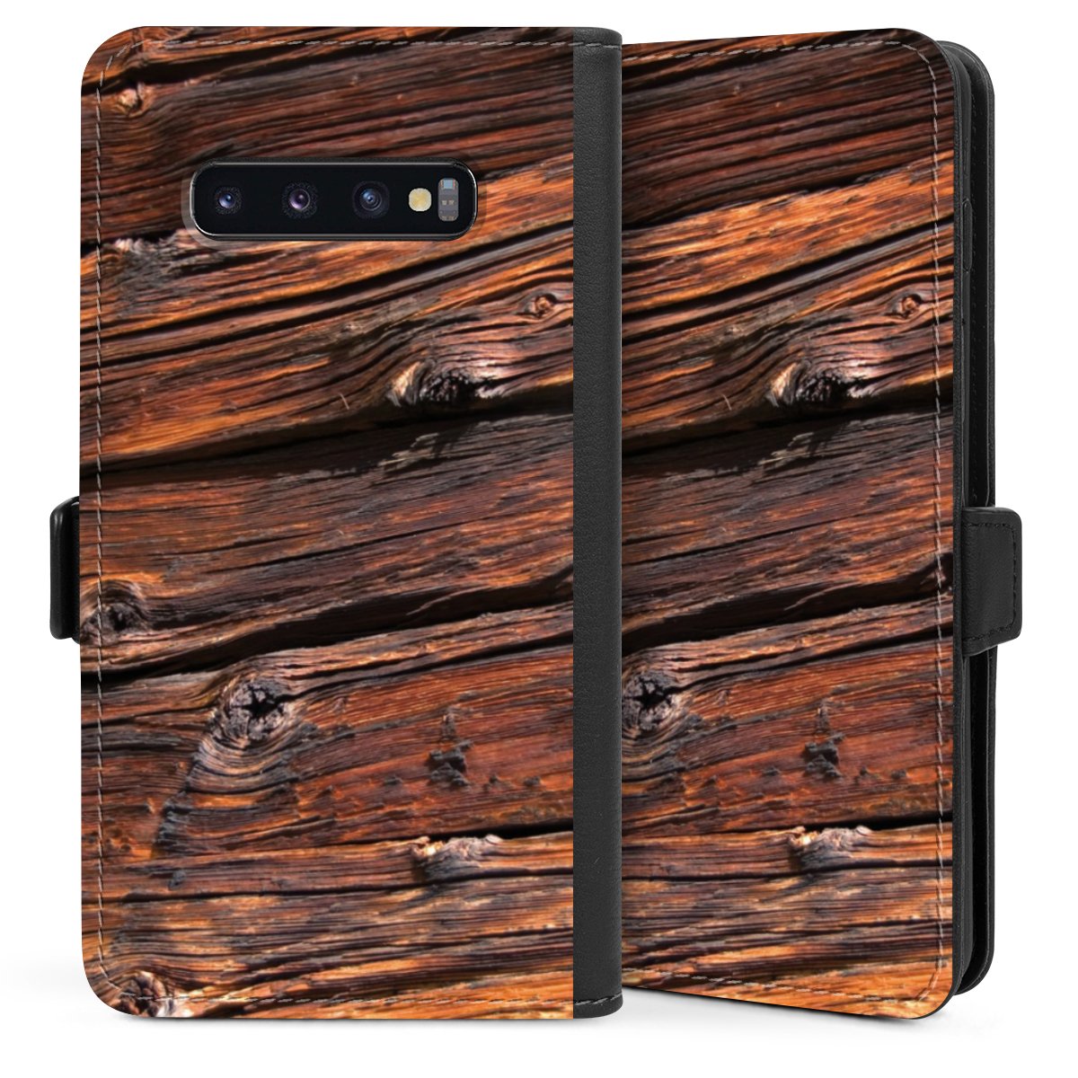 Galaxy S10 Plus Handy Klapphülle Handyhülle aus Kunst Leder schwarz Flip Case Beams Wooden Look Wood Sideflip mit Lasche