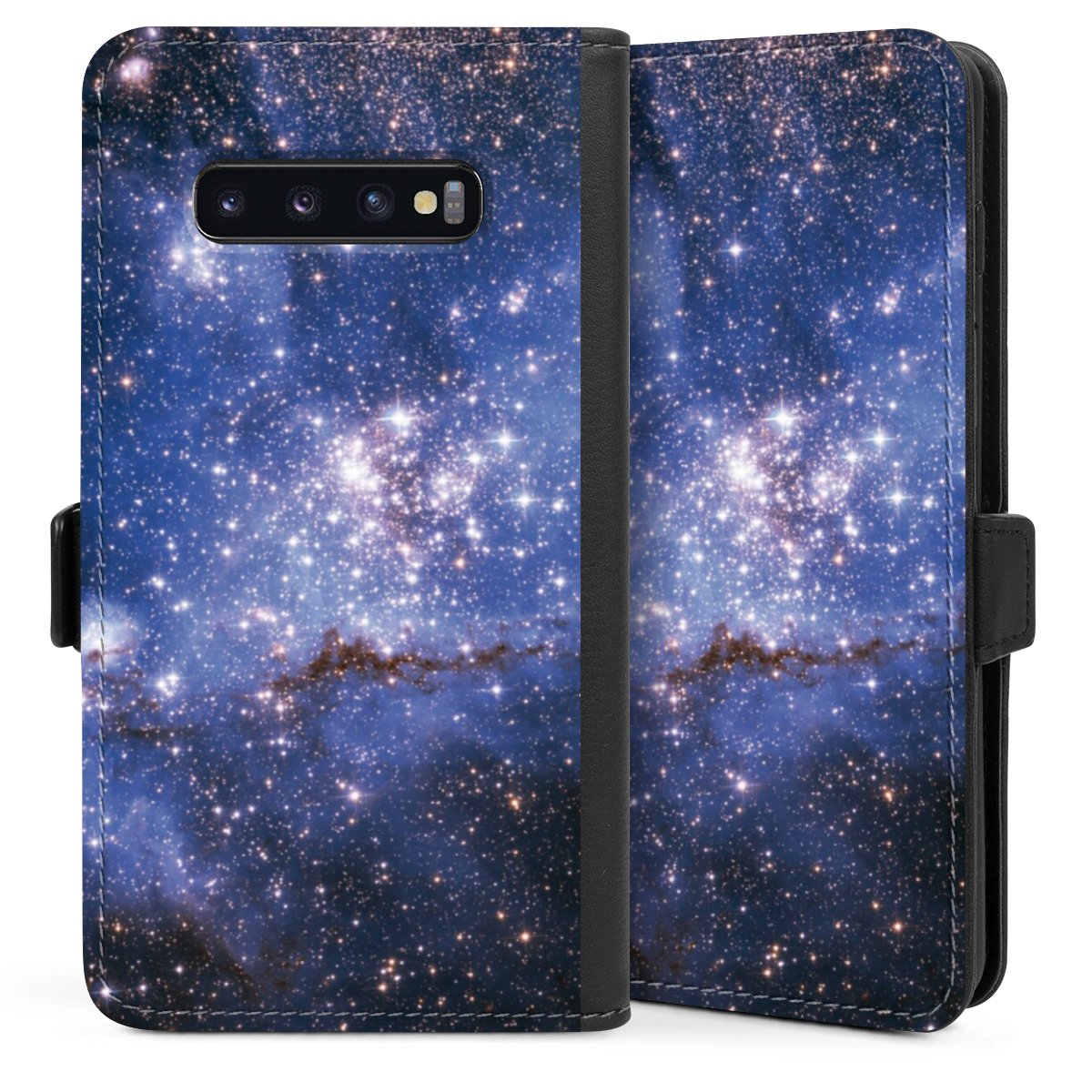 Galaxy S10 Plus Handy Klapphülle Handyhülle aus Kunst Leder schwarz Flip Case Weltall Galaxy Weltraum Sideflip mit Lasche