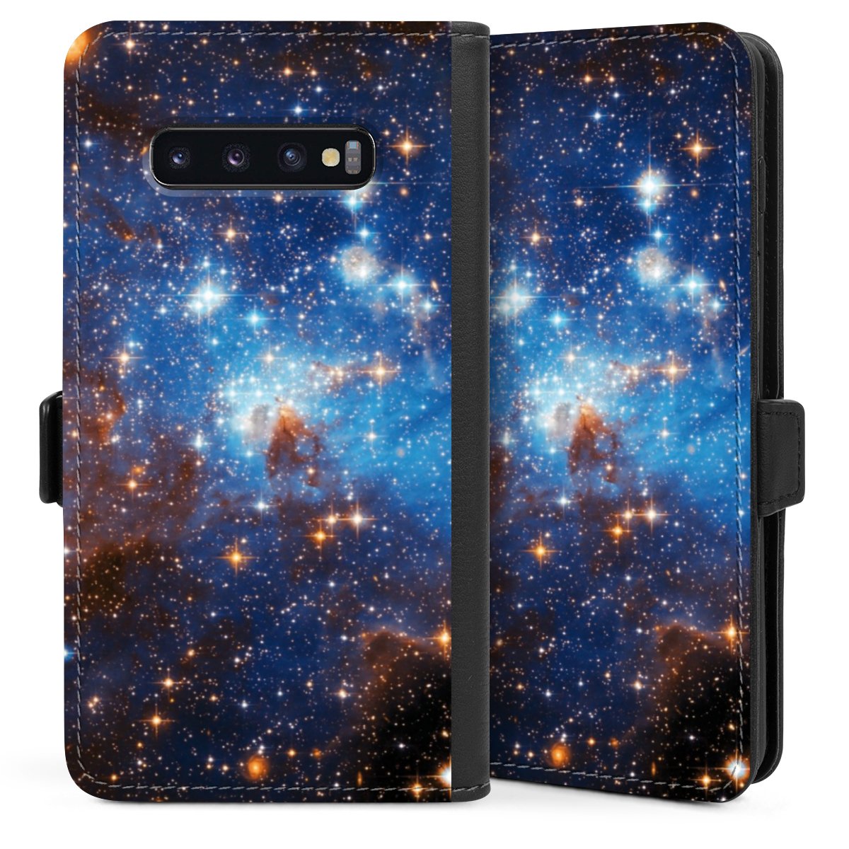 Galaxy S10 Plus Handy Klapphülle Handyhülle aus Kunst Leder schwarz Flip Case Star Weltall Galaxy Sideflip mit Lasche