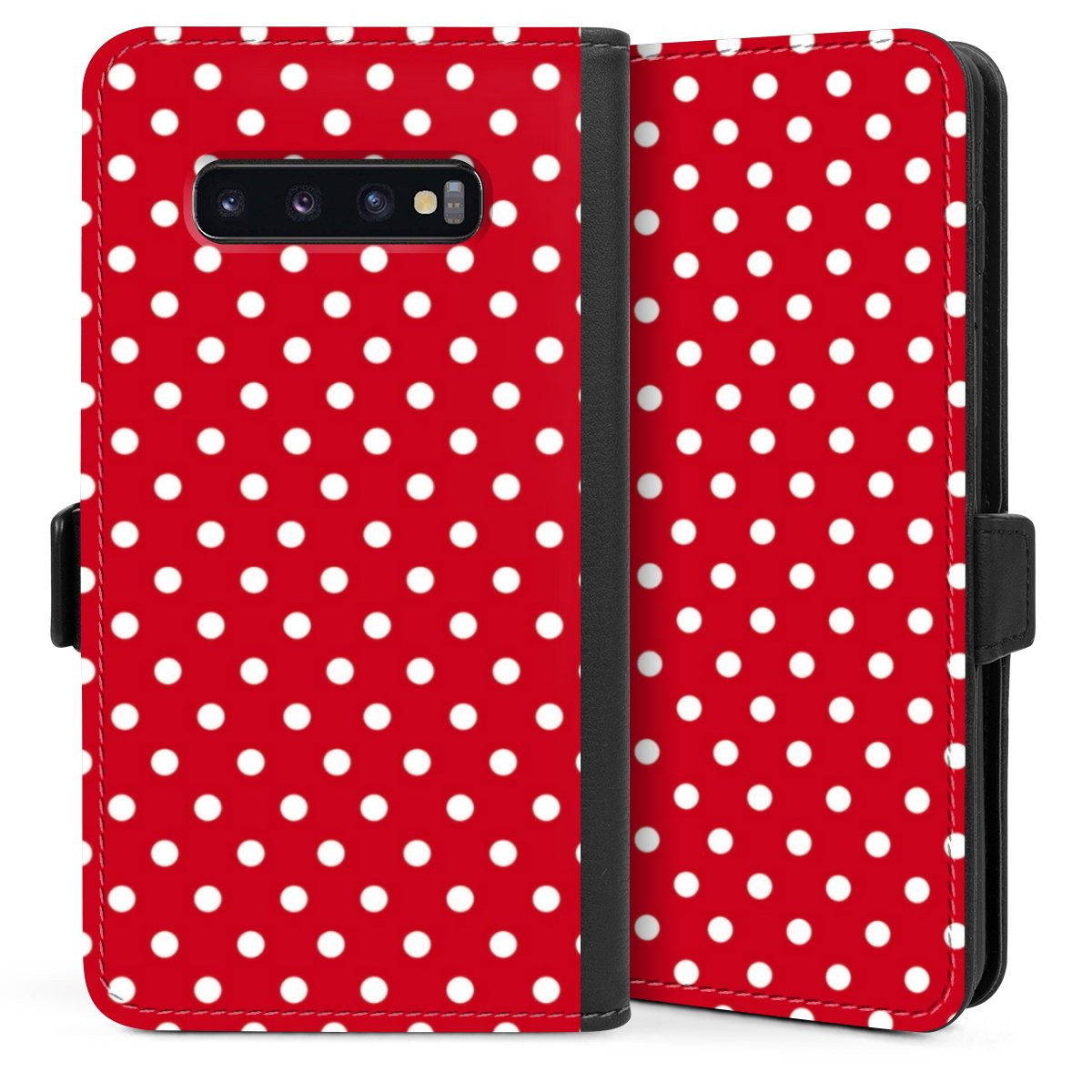 Galaxy S10 Plus Handy Klapphülle Handyhülle aus Kunst Leder schwarz Flip Case Points Polka Dots Retro Sideflip mit Lasche