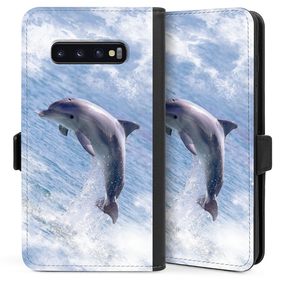 Galaxy S10 Plus Handy Klapphülle Handyhülle aus Kunst Leder schwarz Flip Case Dolphin Ocean Wale Sideflip mit Lasche