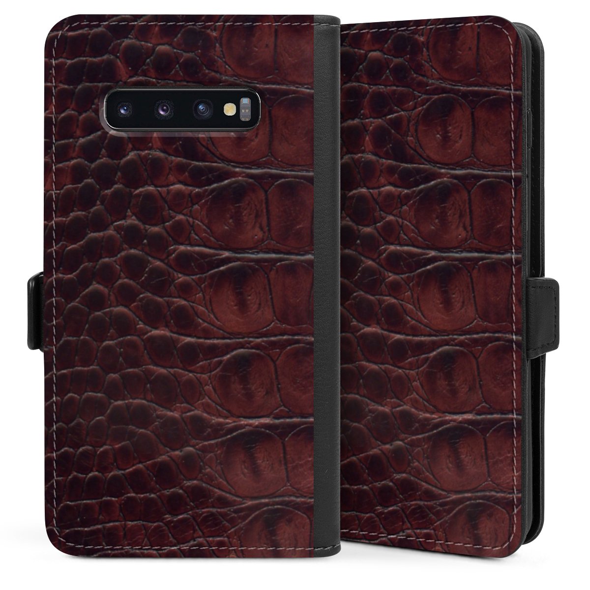 Galaxy S10 Plus Handy Klapphülle Handyhülle aus Kunst Leder schwarz Flip Case Crocodile Animal Print Leather Sideflip mit Lasche