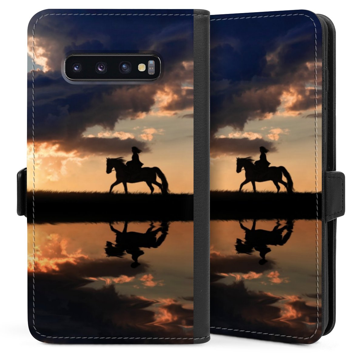 Galaxy S10 Plus Handy Klapphülle Handyhülle aus Kunst Leder schwarz Flip Case Horse Sunset Horseback Riding Sideflip mit Lasche