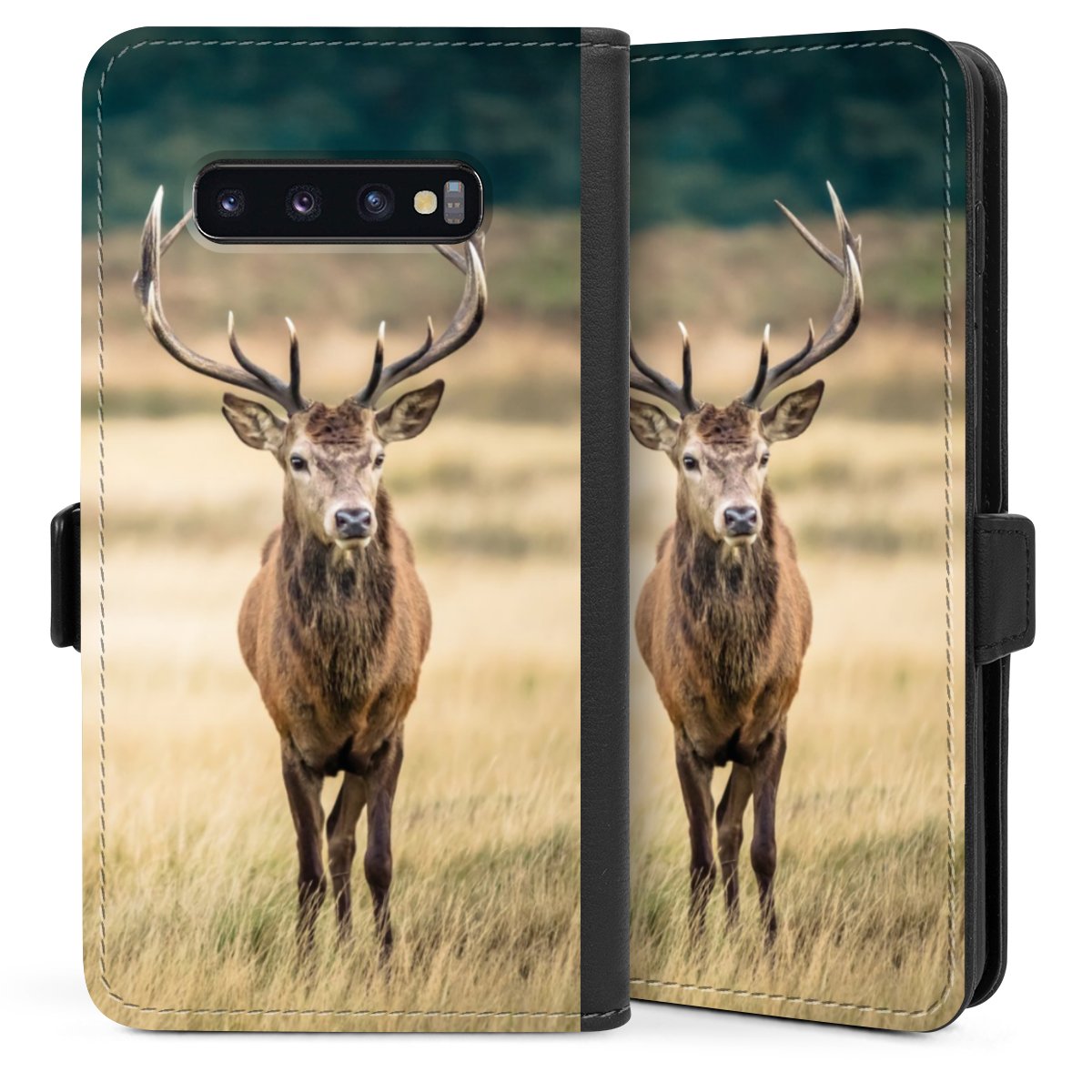 Galaxy S10 Plus Handy Klapphülle Handyhülle aus Kunst Leder schwarz Flip Case Deer Meadow Forrest Sideflip mit Lasche