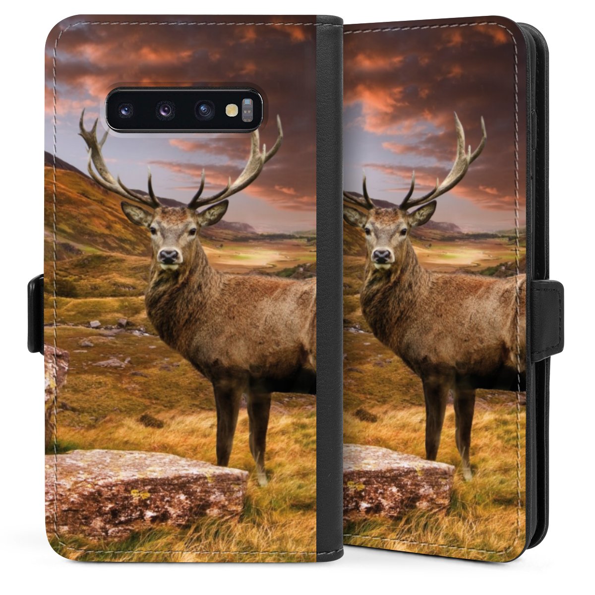 Galaxy S10 Plus Handy Klapphülle Handyhülle aus Kunst Leder schwarz Flip Case Meadow Mountain Deer Sideflip mit Lasche