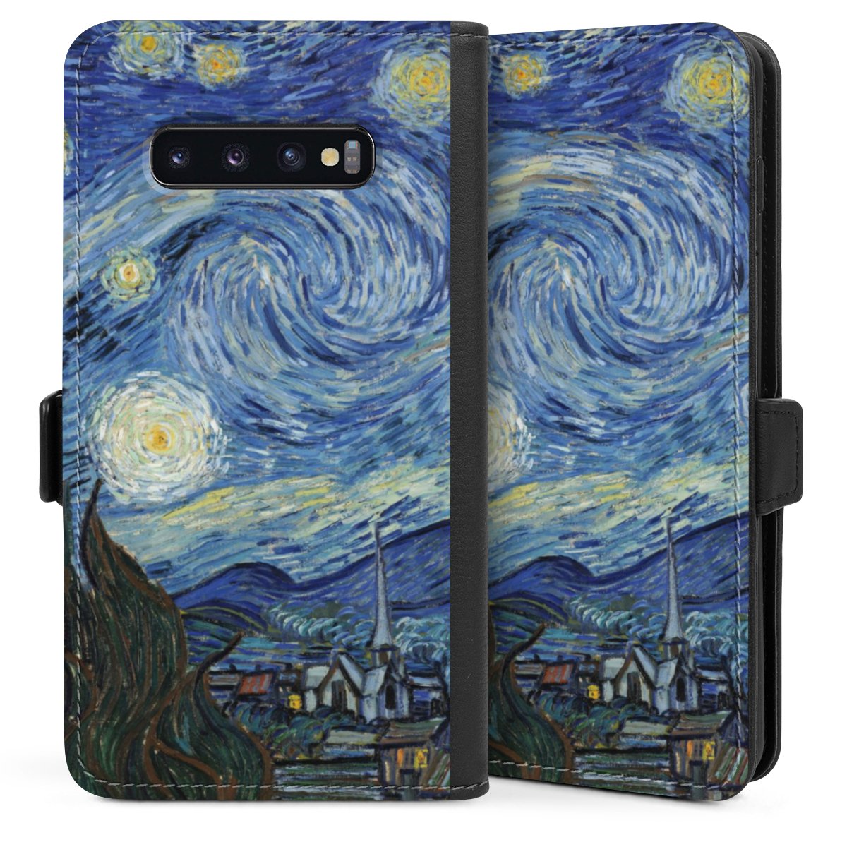 Galaxy S10 Plus Handy Klapphülle Handyhülle aus Kunst Leder schwarz Flip Case The Starry Night Kunst Vincent Van Gogh Sideflip mit Lasche