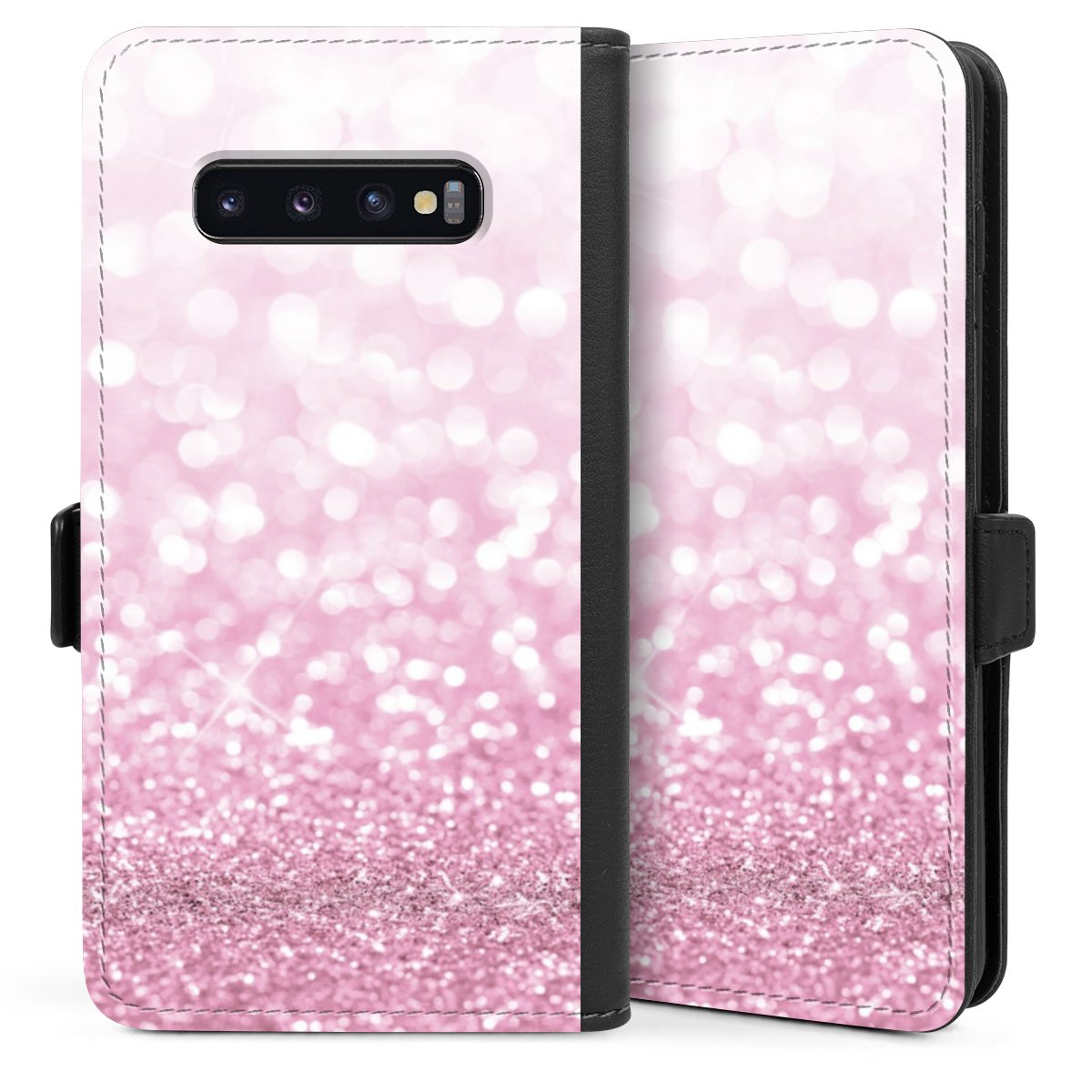 Galaxy S10 Plus Handy Klapphülle Handyhülle aus Kunst Leder schwarz Flip Case Glitzer Pink Shine Sideflip mit Lasche