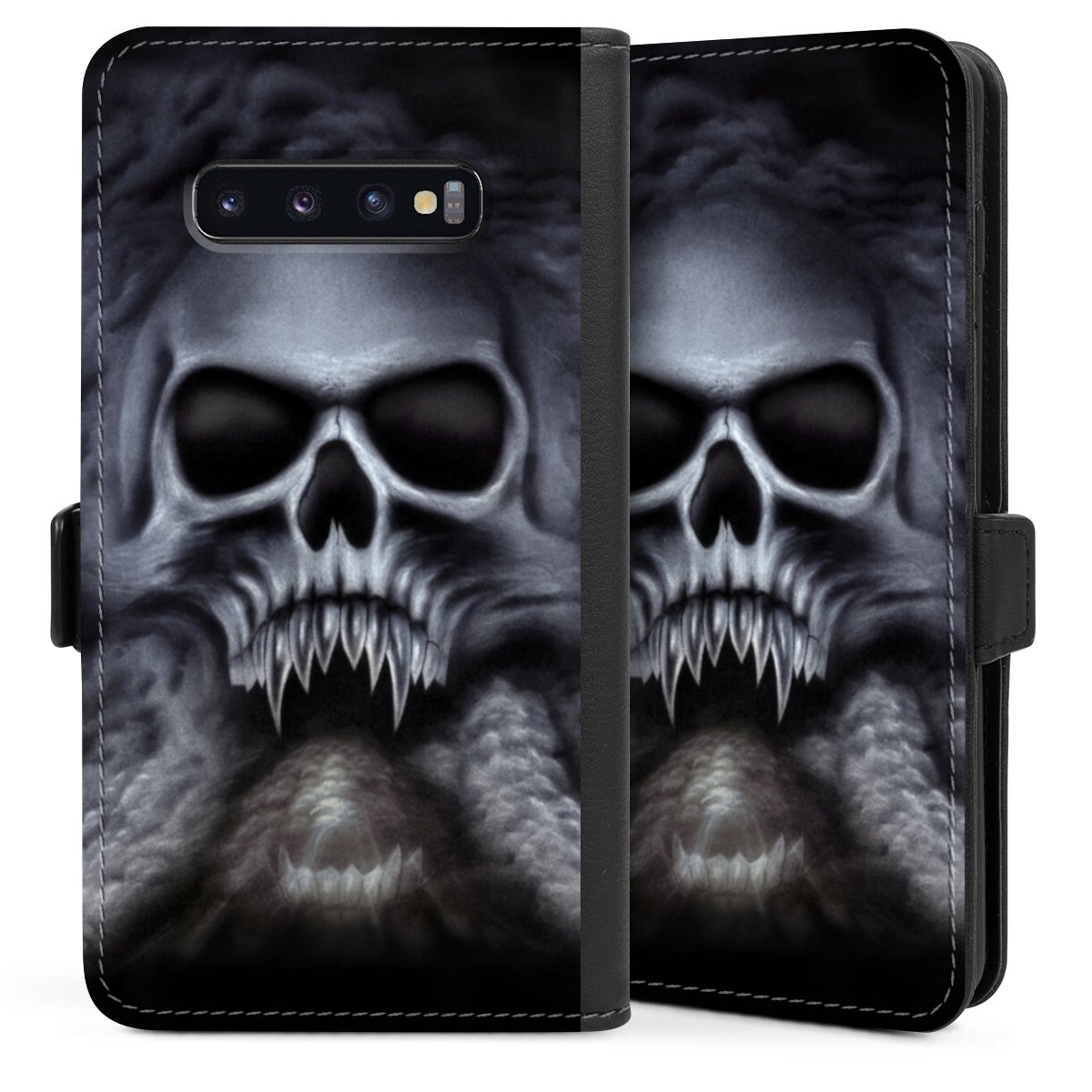 Galaxy S10 Plus Handy Klapphülle Handyhülle aus Kunst Leder schwarz Flip Case Totenkopf Skull Sideflip mit Lasche