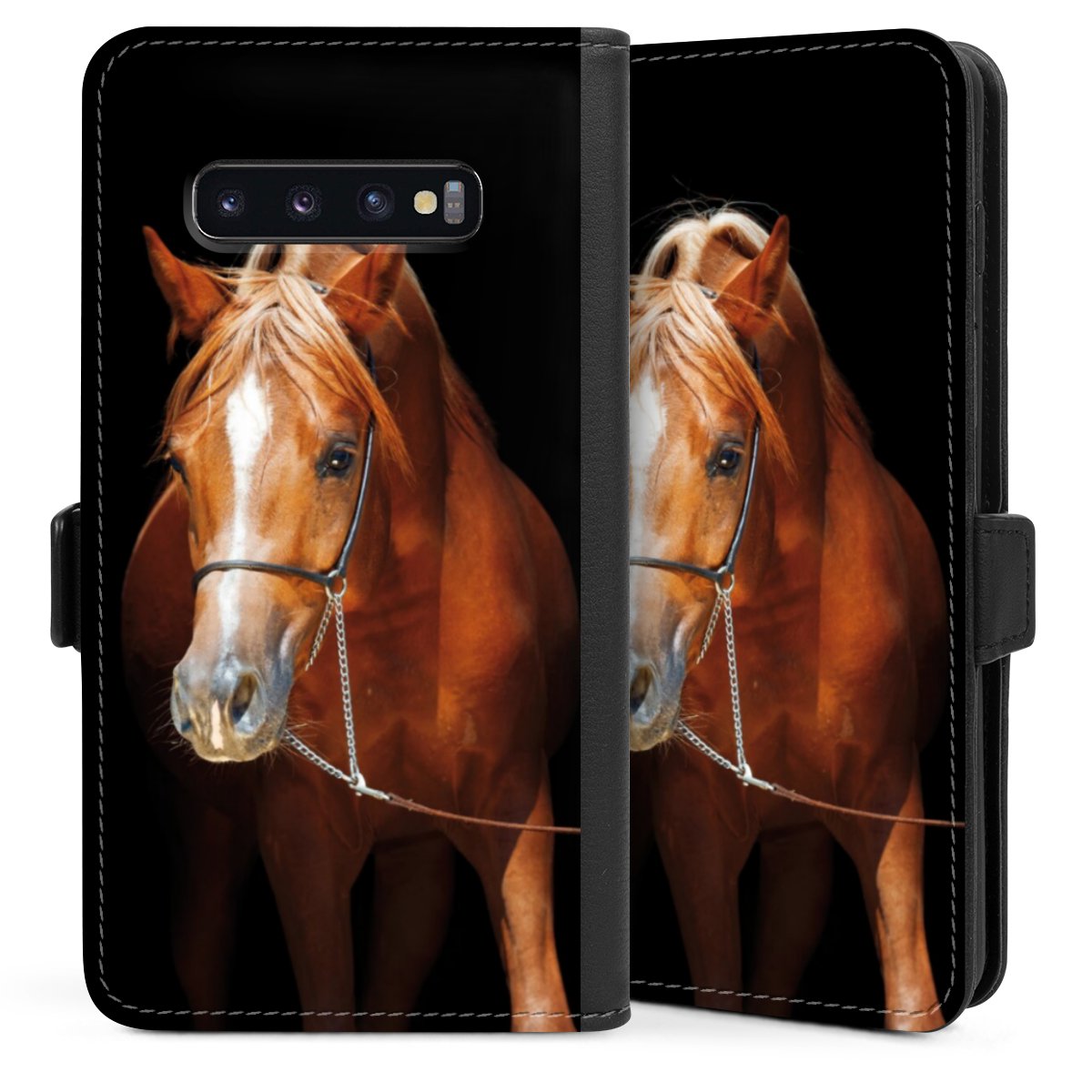 Galaxy S10 Plus Handy Klapphülle Handyhülle aus Kunst Leder schwarz Flip Case Mare Horse Hobby Sideflip mit Lasche