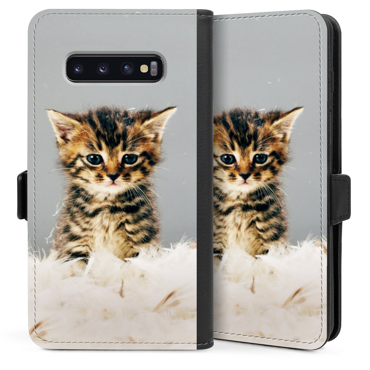 Galaxy S10 Plus Handy Klapphülle Handyhülle aus Kunst Leder schwarz Flip Case Cat Feather Pet Sideflip mit Lasche