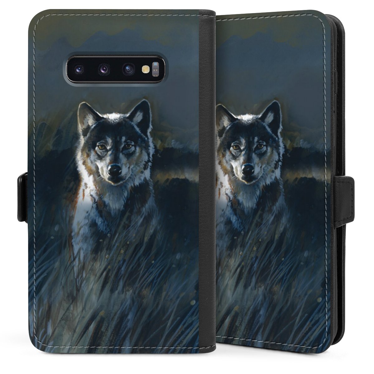 Galaxy S10 Plus Handy Klapphülle Handyhülle aus Kunst Leder schwarz Flip Case Nature Wolf Painting Sideflip mit Lasche