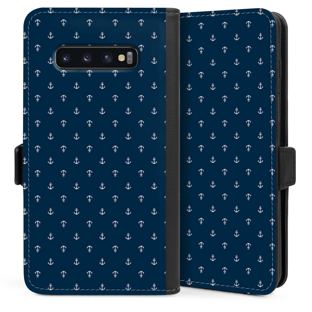 Galaxy S10 Plus Handy Klapphülle Handyhülle aus Kunst Leder schwarz Flip Case Muster Anchor Sail Sideflip mit Lasche