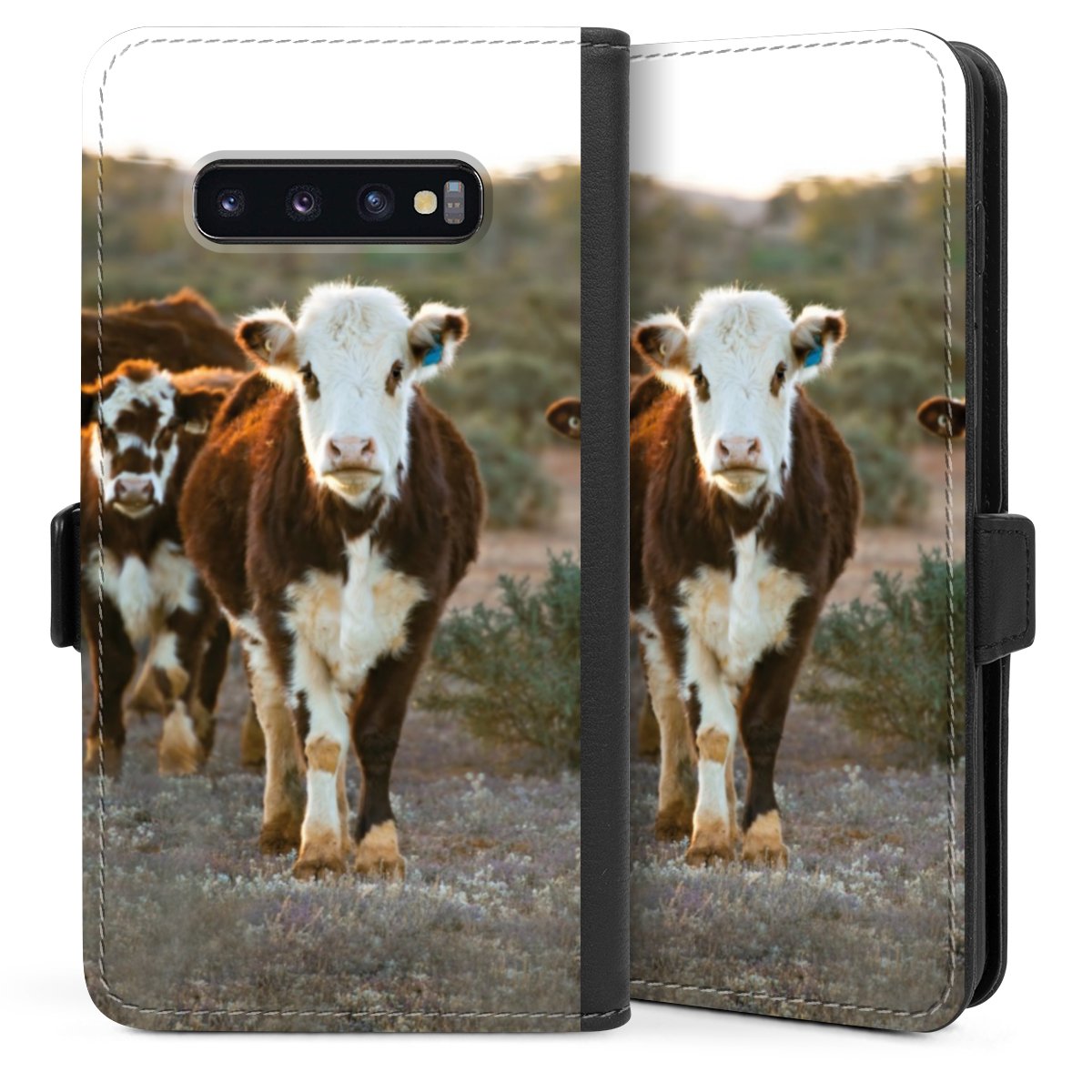 Galaxy S10 Plus Handy Klapphülle Handyhülle aus Kunst Leder schwarz Flip Case Cow Farmer Calf Sideflip mit Lasche