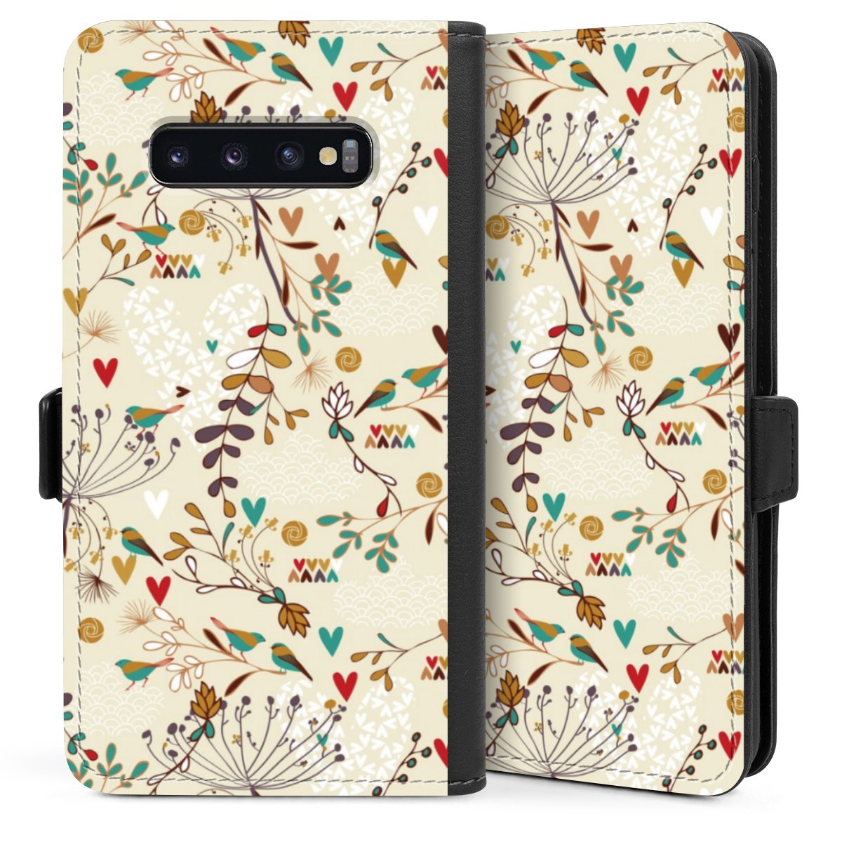 Galaxy S10 Plus Handy Klapphülle Handyhülle aus Kunst Leder schwarz Flip Case Bird Flowers Retro Sideflip mit Lasche