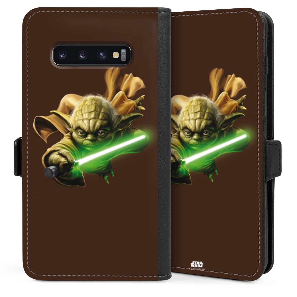 Galaxy S10 Plus Handy Klapphülle Handyhülle aus Kunst Leder schwarz Flip Case Yoda Merchandise Star Wars Sideflip mit Lasche