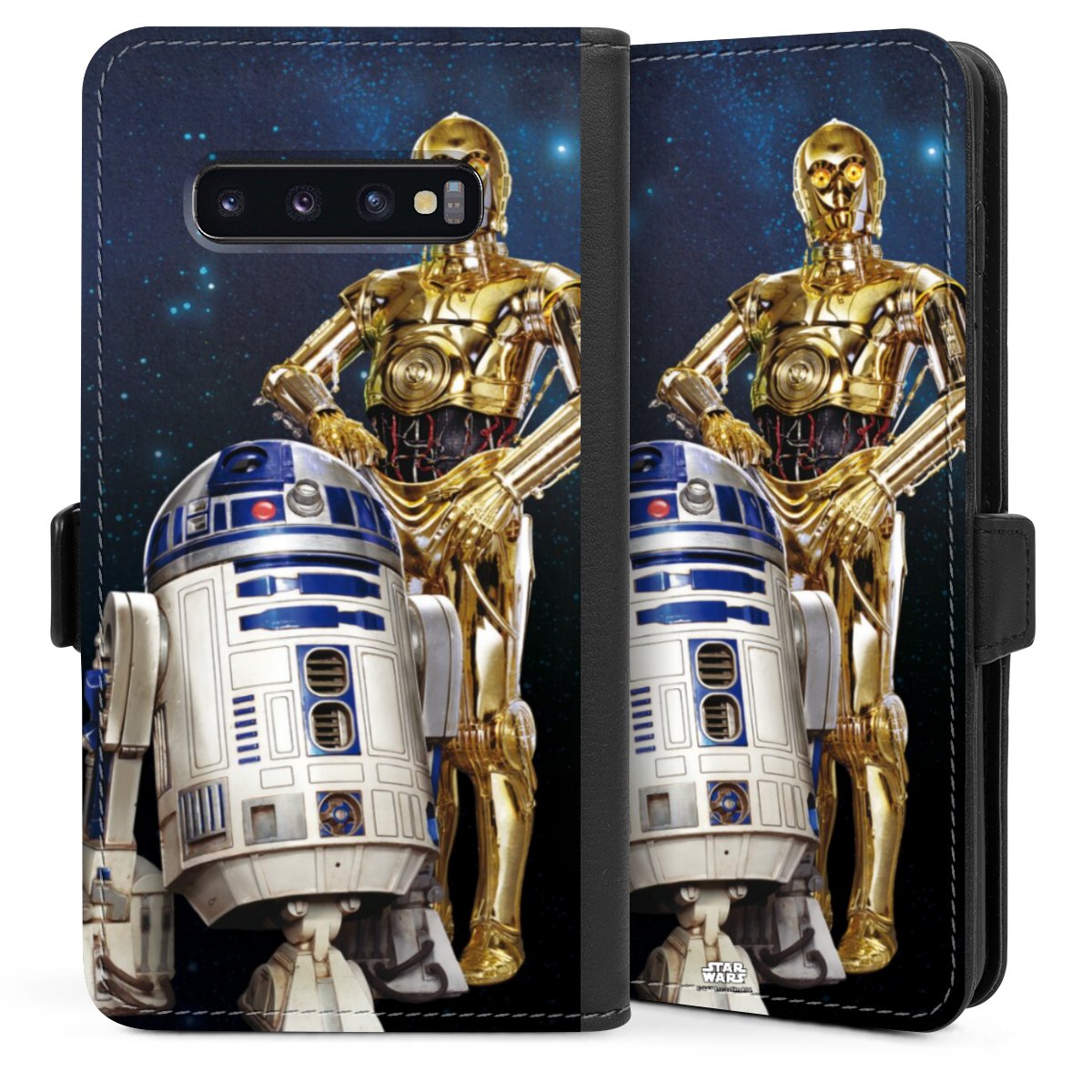 Galaxy S10 Plus Handy Klapphülle Handyhülle aus Kunst Leder schwarz Flip Case Weltall Star Wars R2d2 Sideflip mit Lasche