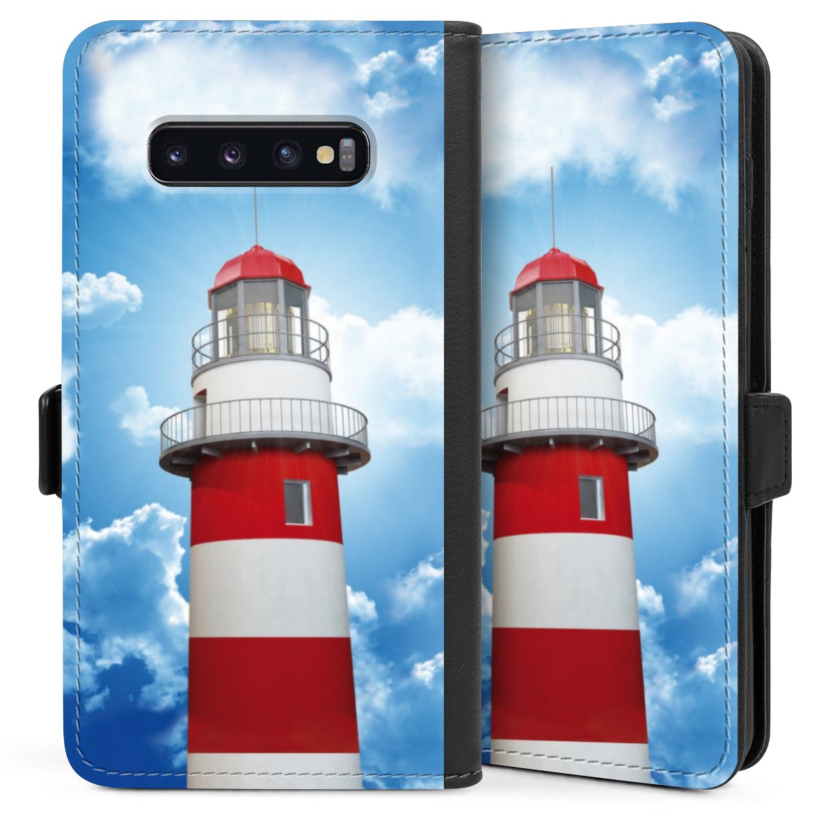 Galaxy S10 Plus Handy Klapphülle Handyhülle aus Kunst Leder schwarz Flip Case Lighthouse Sky Cloud Sideflip mit Lasche