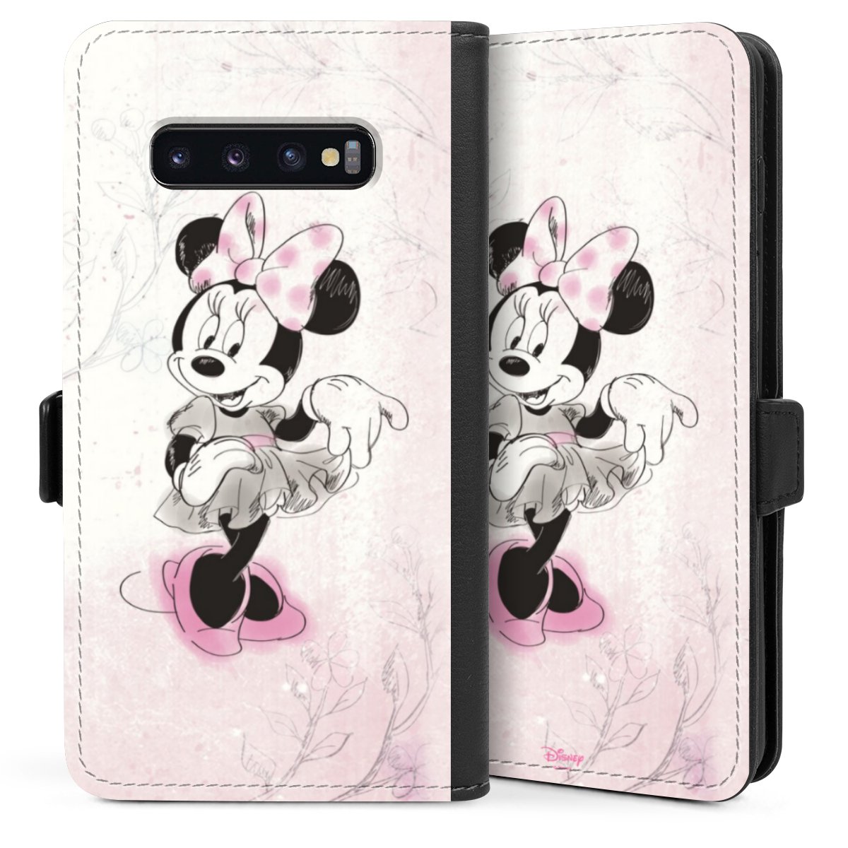 Galaxy S10 Plus Handy Klapphülle Handyhülle aus Kunst Leder schwarz Flip Case Disney Minnie Mouse Vintage Sideflip mit Lasche