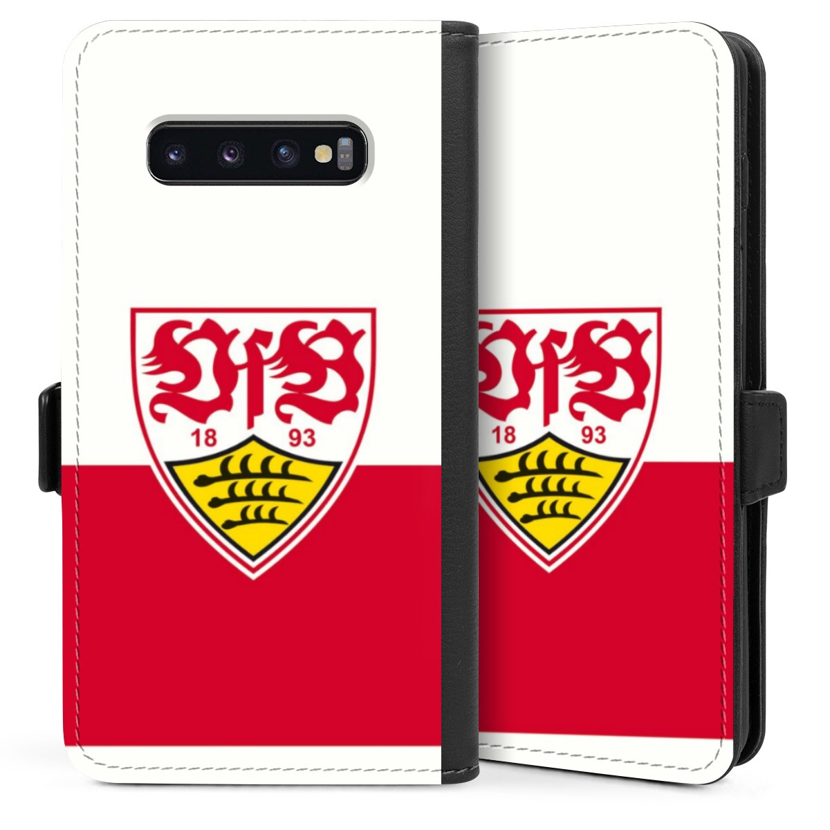 Galaxy S10 Plus Handy Klapphülle Handyhülle aus Kunst Leder schwarz Flip Case Official Licensed Product Logo Vfb Stuttgart Sideflip mit Lasche