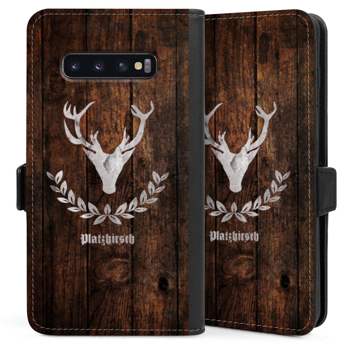 Galaxy S10 Plus Handy Klapphülle Handyhülle aus Kunst Leder schwarz Flip Case Deer Wood Wooden Look Sideflip mit Lasche