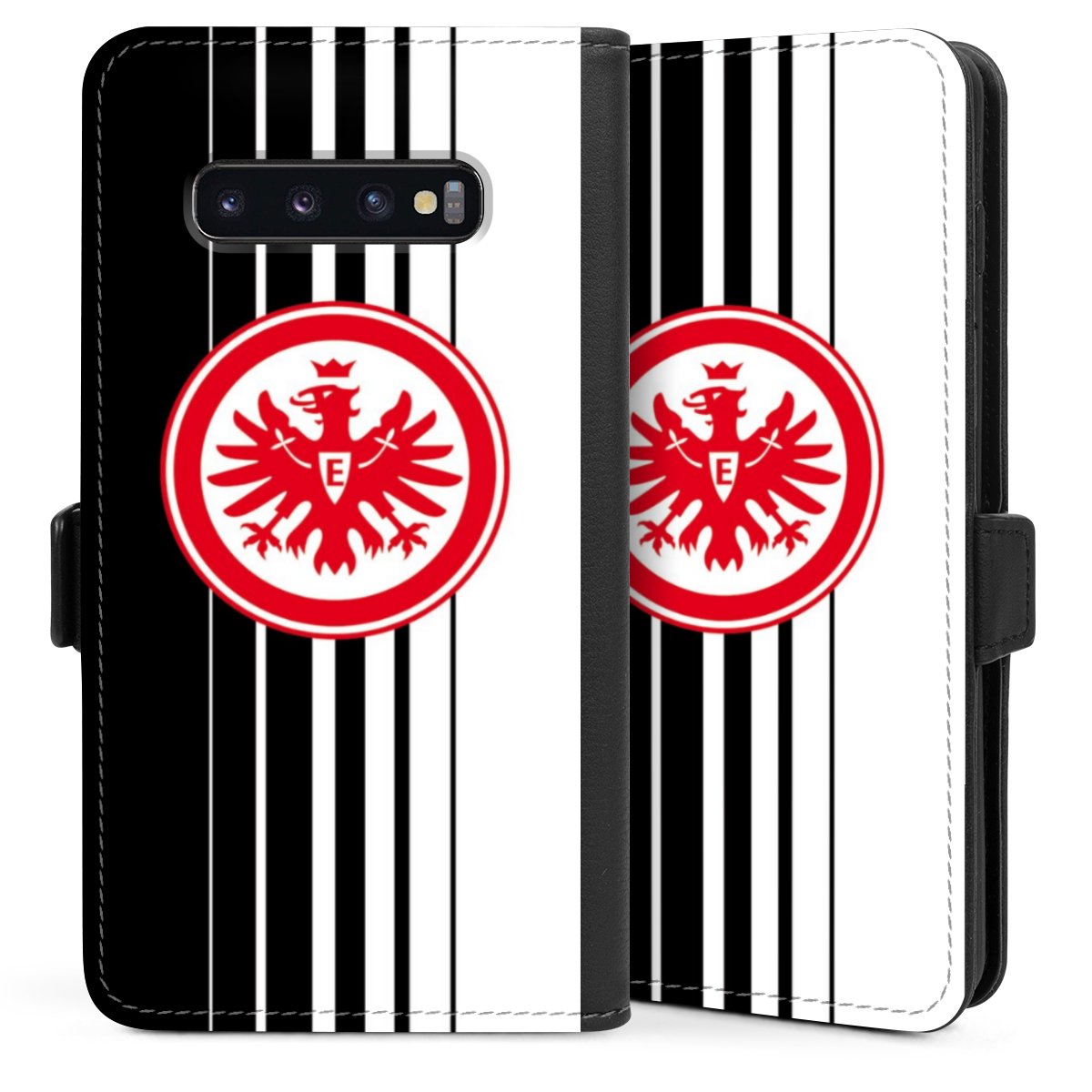 Galaxy S10 Plus Handy Klapphülle Handyhülle aus Kunst Leder schwarz Flip Case Stripes Eintracht Frankfurt Official Licensed Product Sideflip mit Lasche