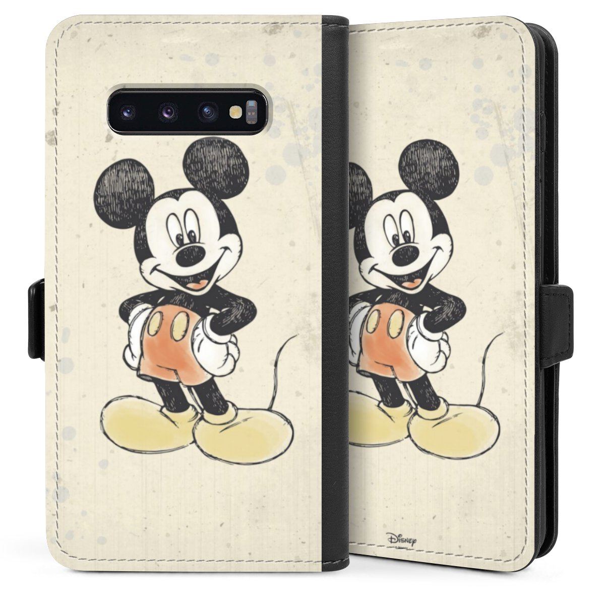 Galaxy S10 Plus Handy Klapphülle Handyhülle aus Kunst Leder schwarz Flip Case Water Colour Mickey & Minnie Mouse Official Licensed Product Sideflip mit Lasche