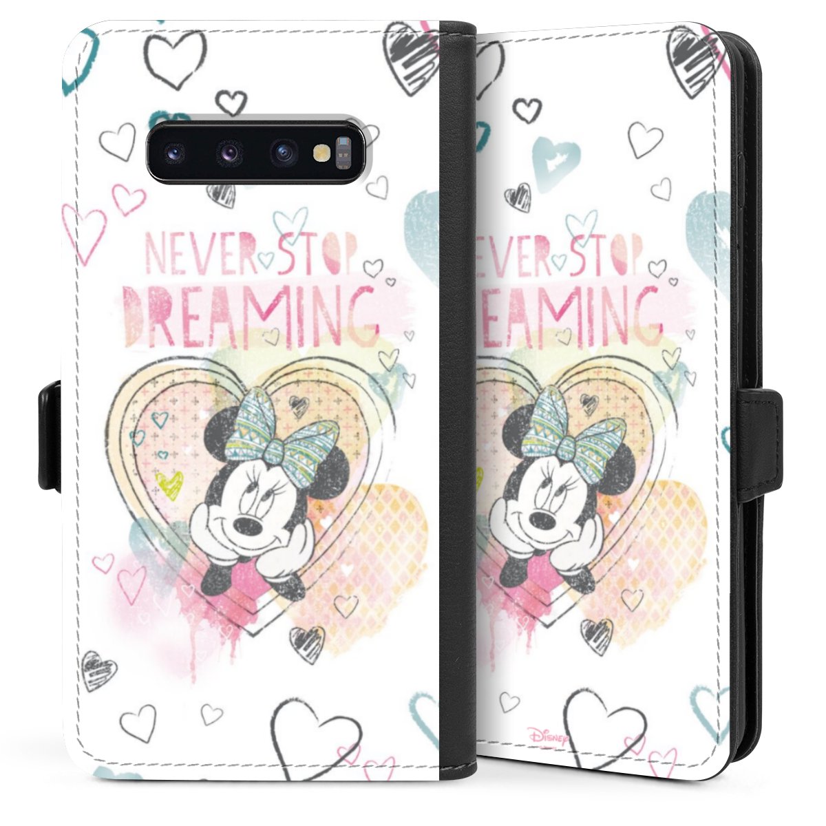 Galaxy S10 Plus Handy Klapphülle Handyhülle aus Kunst Leder schwarz Flip Case Disney Official Licensed Product Minnie Mouse Sideflip mit Lasche