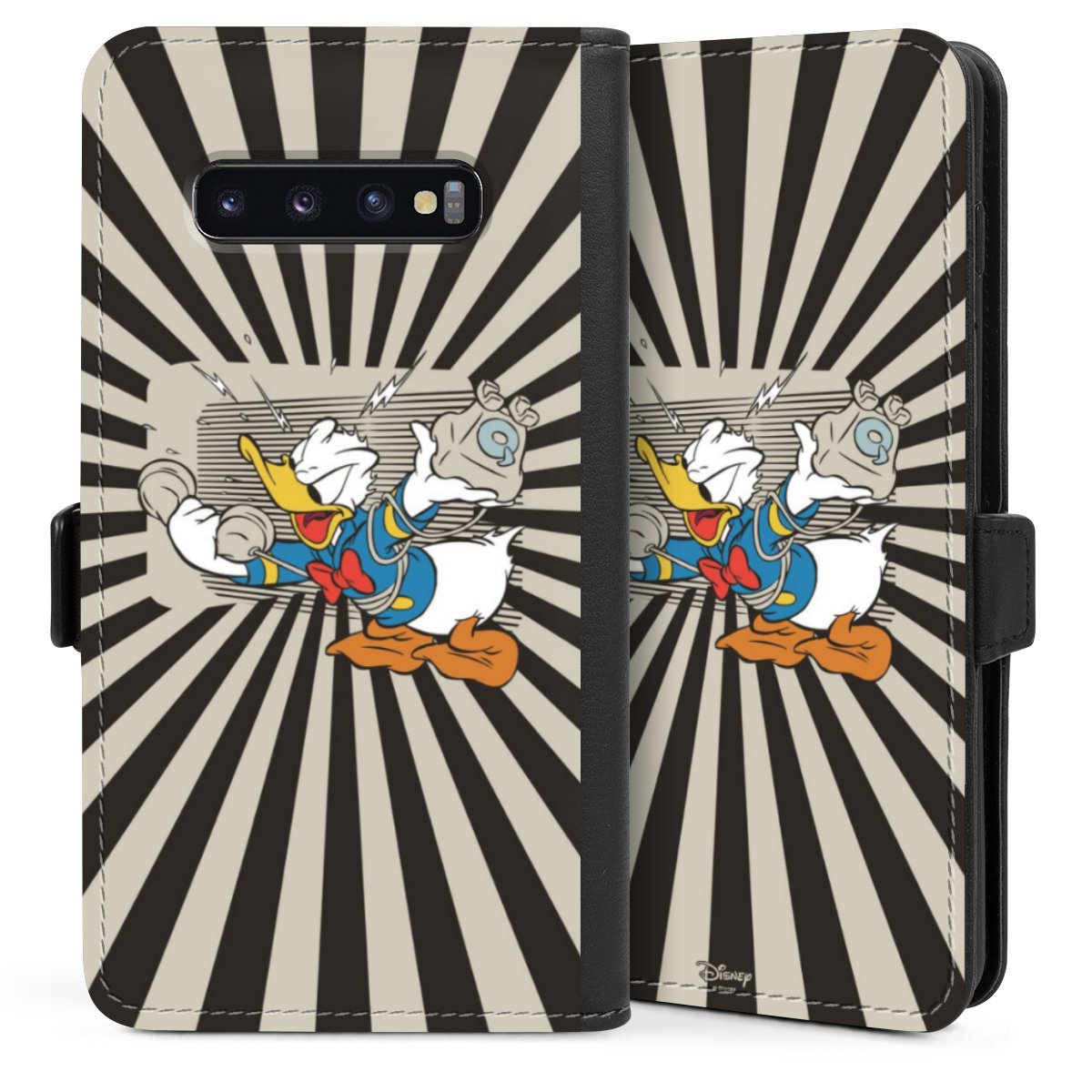 Galaxy S10 Plus Handy Klapphülle Handyhülle aus Kunst Leder schwarz Flip Case Donald Duck Disney Official Licensed Product Sideflip mit Lasche