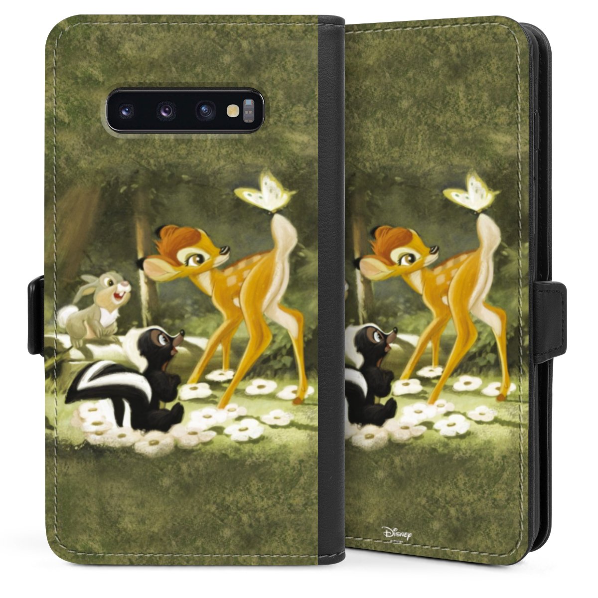 Galaxy S10 Plus Handy Klapphülle Handyhülle aus Kunst Leder schwarz Flip Case Disney Official Licensed Product Bambi Sideflip mit Lasche