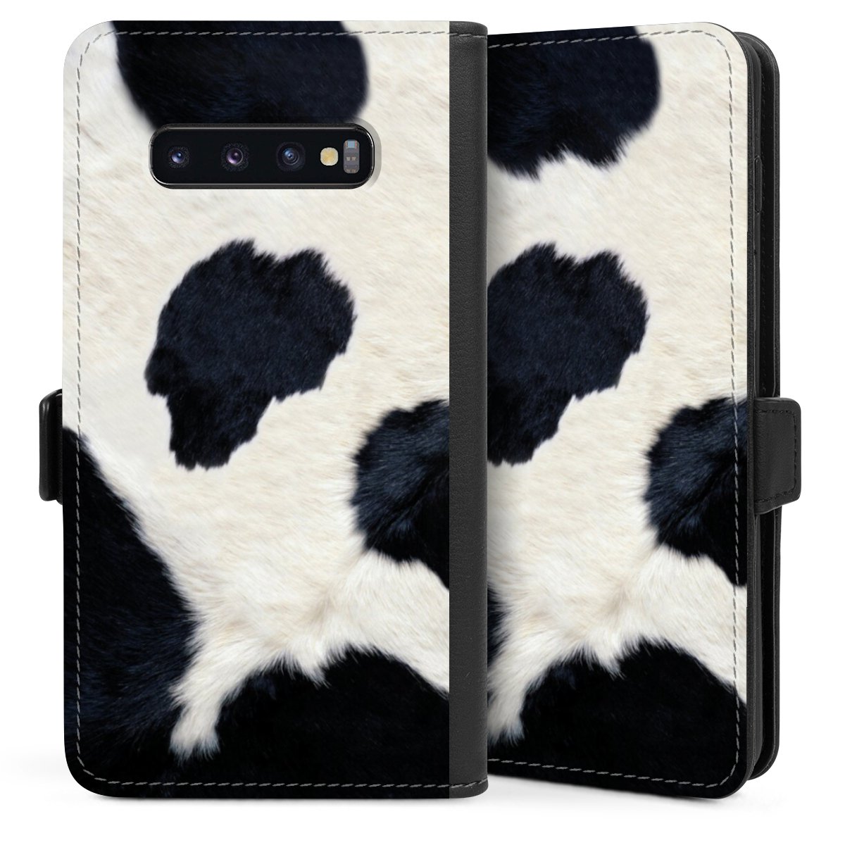 Galaxy S10 Plus Handy Klapphülle Handyhülle aus Kunst Leder schwarz Flip Case Animal Look Animal Print Cow Skin Sideflip mit Lasche