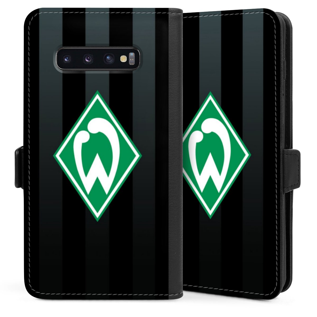 Galaxy S10 Plus Handy Klapphülle Handyhülle aus Kunst Leder schwarz Flip Case Stripes Sv Werder Bremen Official Licensed Product Sideflip mit Lasche