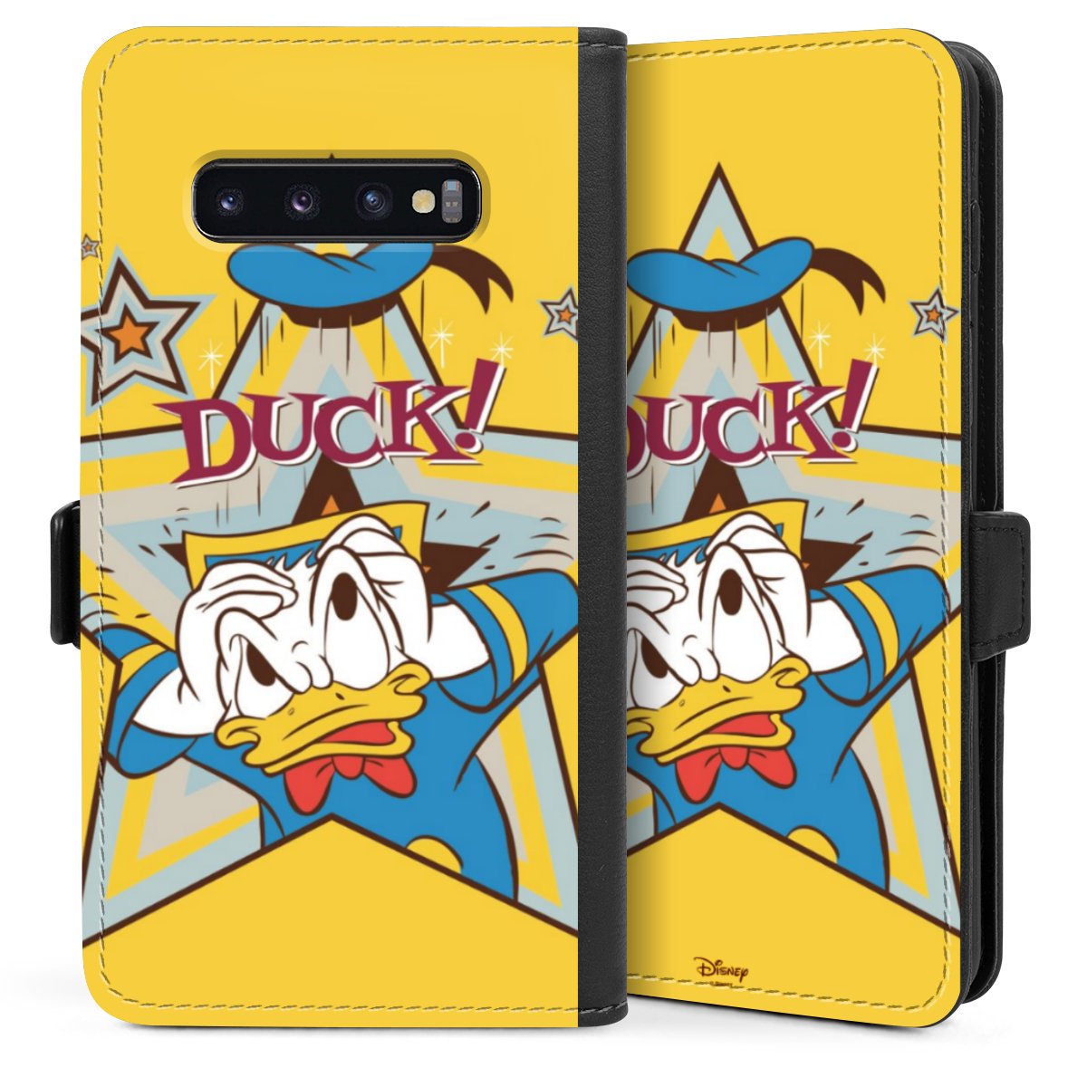 Galaxy S10 Plus Handy Klapphülle Handyhülle aus Kunst Leder schwarz Flip Case Official Licensed Product Donald Duck Disney Sideflip mit Lasche