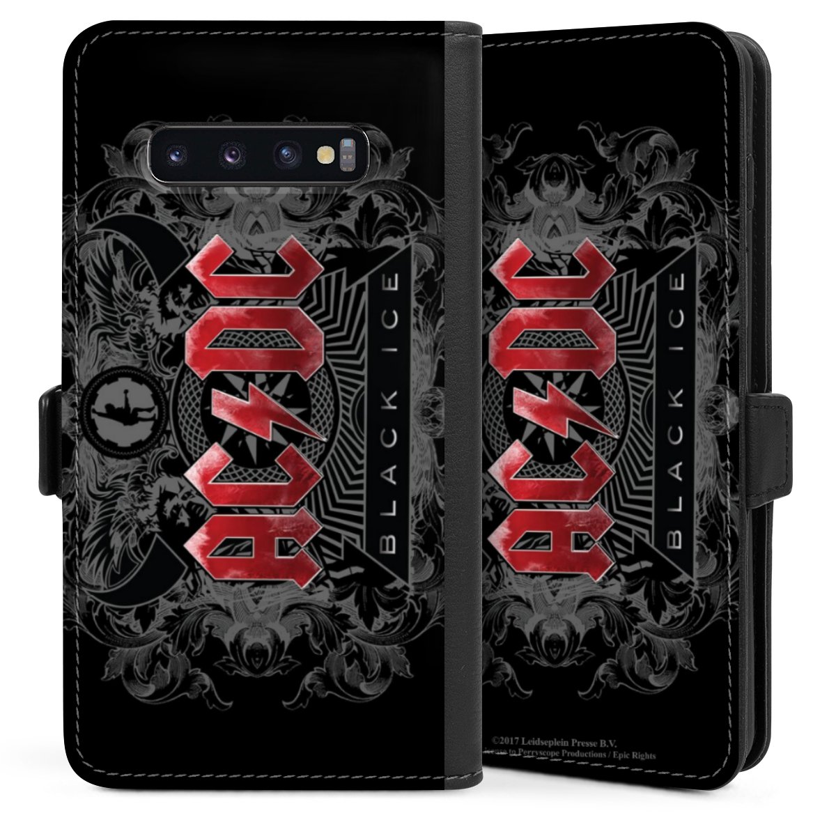 Galaxy S10 Plus Handy Klapphülle Handyhülle aus Kunst Leder schwarz Flip Case Merchandise Black Ice Acdc Sideflip mit Lasche