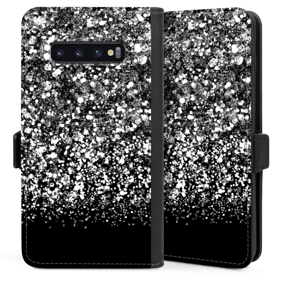 Galaxy S10 Plus Handy Klapphülle Handyhülle aus Kunst Leder schwarz Flip Case Glitzer Snowflake Muster Sideflip mit Lasche