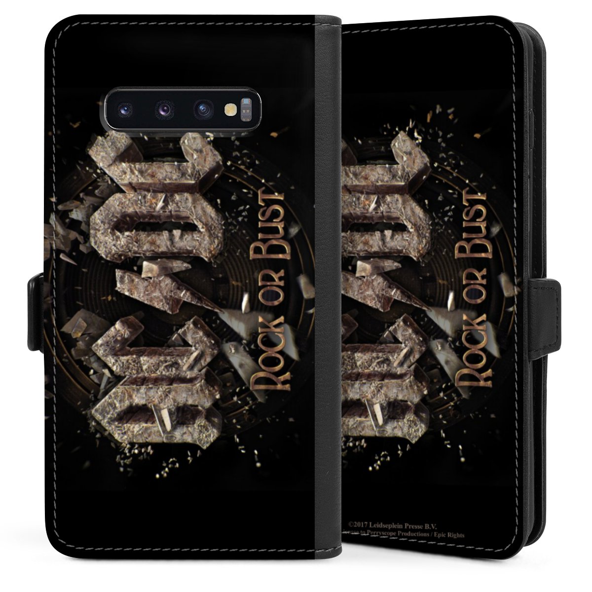 Galaxy S10 Plus Handy Klapphülle Handyhülle aus Kunst Leder schwarz Flip Case Acdc Official Licensed Product Rock Or Bust Sideflip mit Lasche