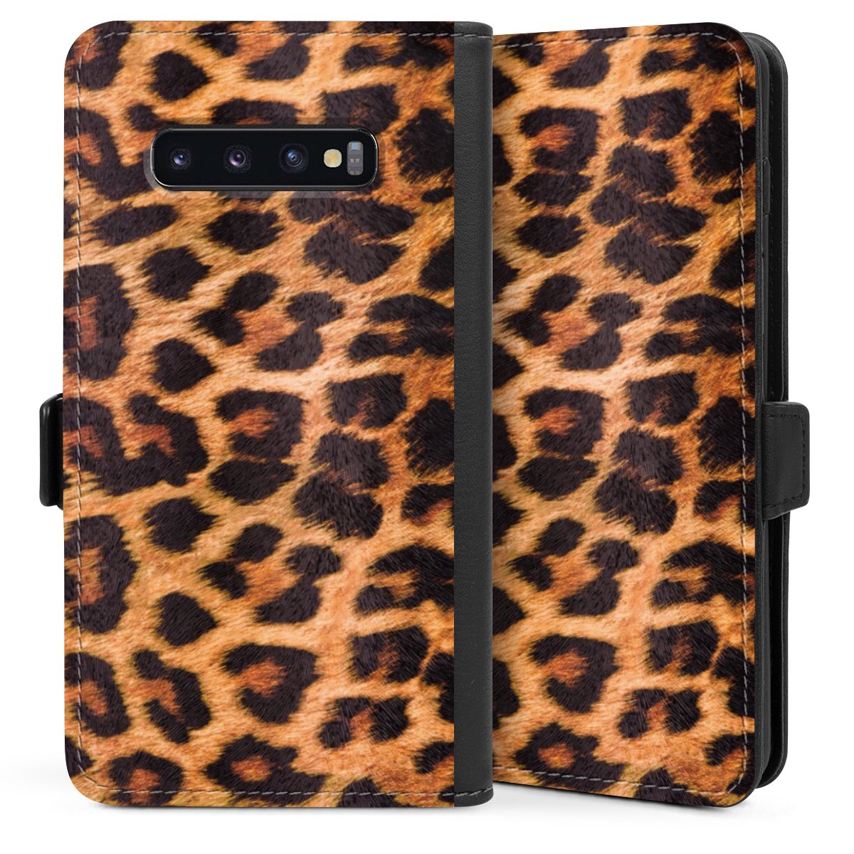 Galaxy S10 Plus Handy Klapphülle Handyhülle aus Kunst Leder schwarz Flip Case Animal Print Leopard Fur Sideflip mit Lasche