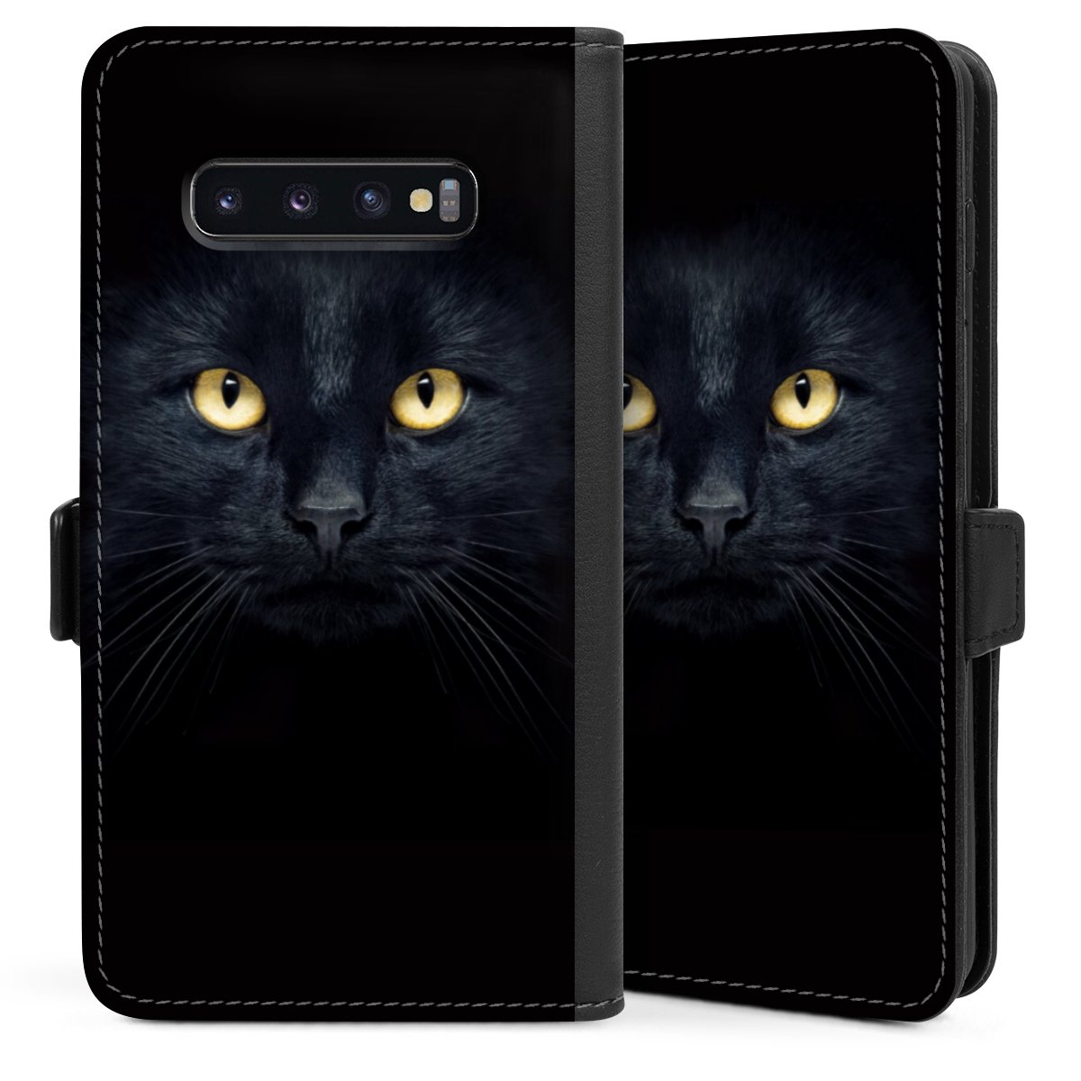 Galaxy S10 Plus Handy Klapphülle Handyhülle aus Kunst Leder schwarz Flip Case Eye Cat Black Sideflip mit Lasche