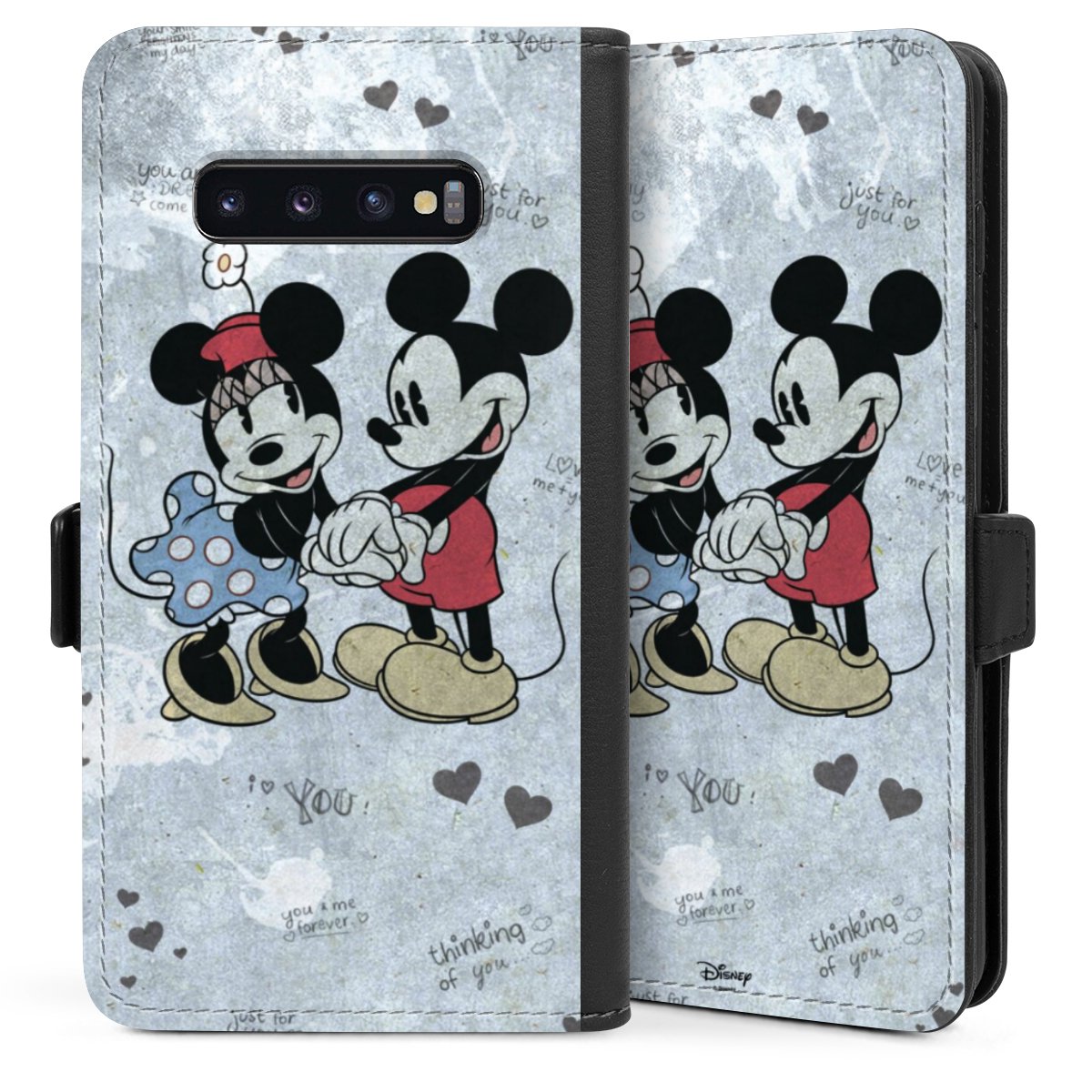 Galaxy S10 Plus Handy Klapphülle Handyhülle aus Kunst Leder schwarz Flip Case Mickey & Minnie Mouse Vintage Disney Sideflip mit Lasche