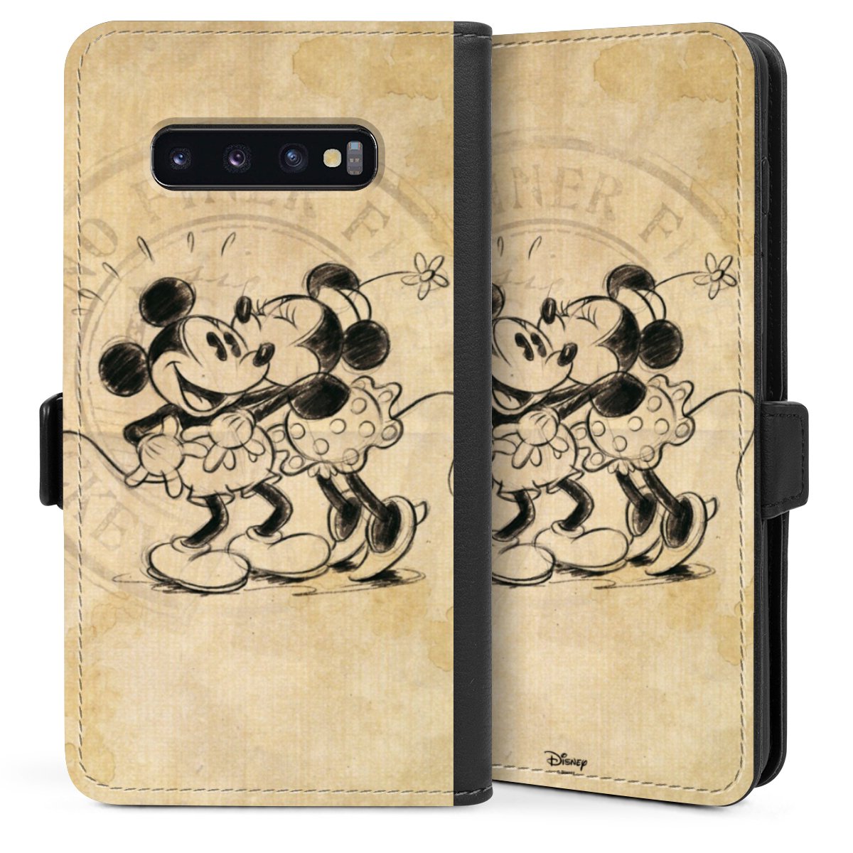 Galaxy S10 Plus Handy Klapphülle Handyhülle aus Kunst Leder schwarz Flip Case Mickey Mouse Vintage Minnie Mouse Sideflip mit Lasche