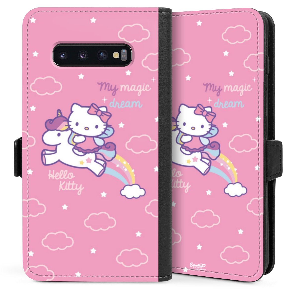 Galaxy S10 Plus Handy Klapphülle Handyhülle aus Kunst Leder schwarz Flip Case Einhorn Official Licensed Product Hello Kitty Sideflip mit Lasche