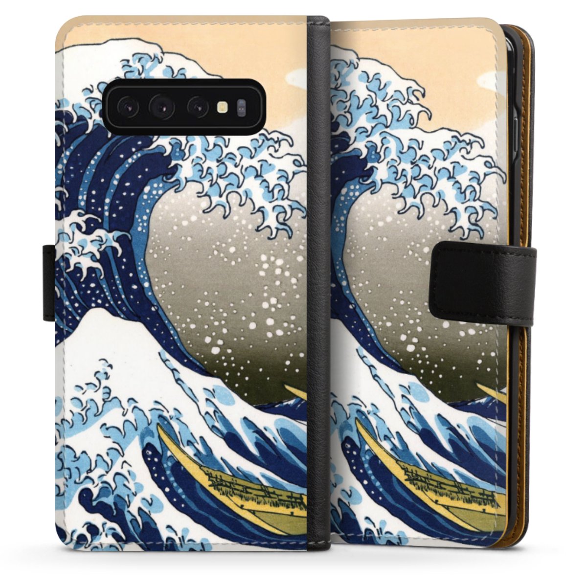 Galaxy S10 Handy Klapphülle Handyhülle aus Kunst Leder schwarz Flip Case Kunst Katsushika Hokusai Die Große Welle Vor Kanagawa Sideflip mit Lasche